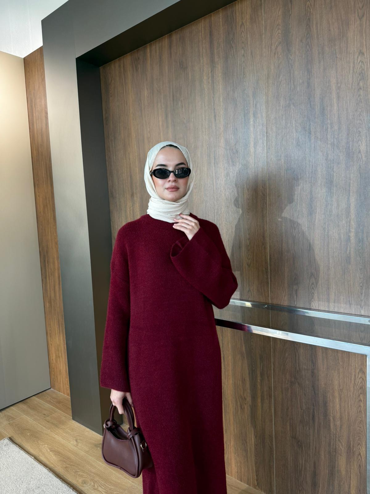 SAKALLI TRİKO ELBİSE  - Bordo