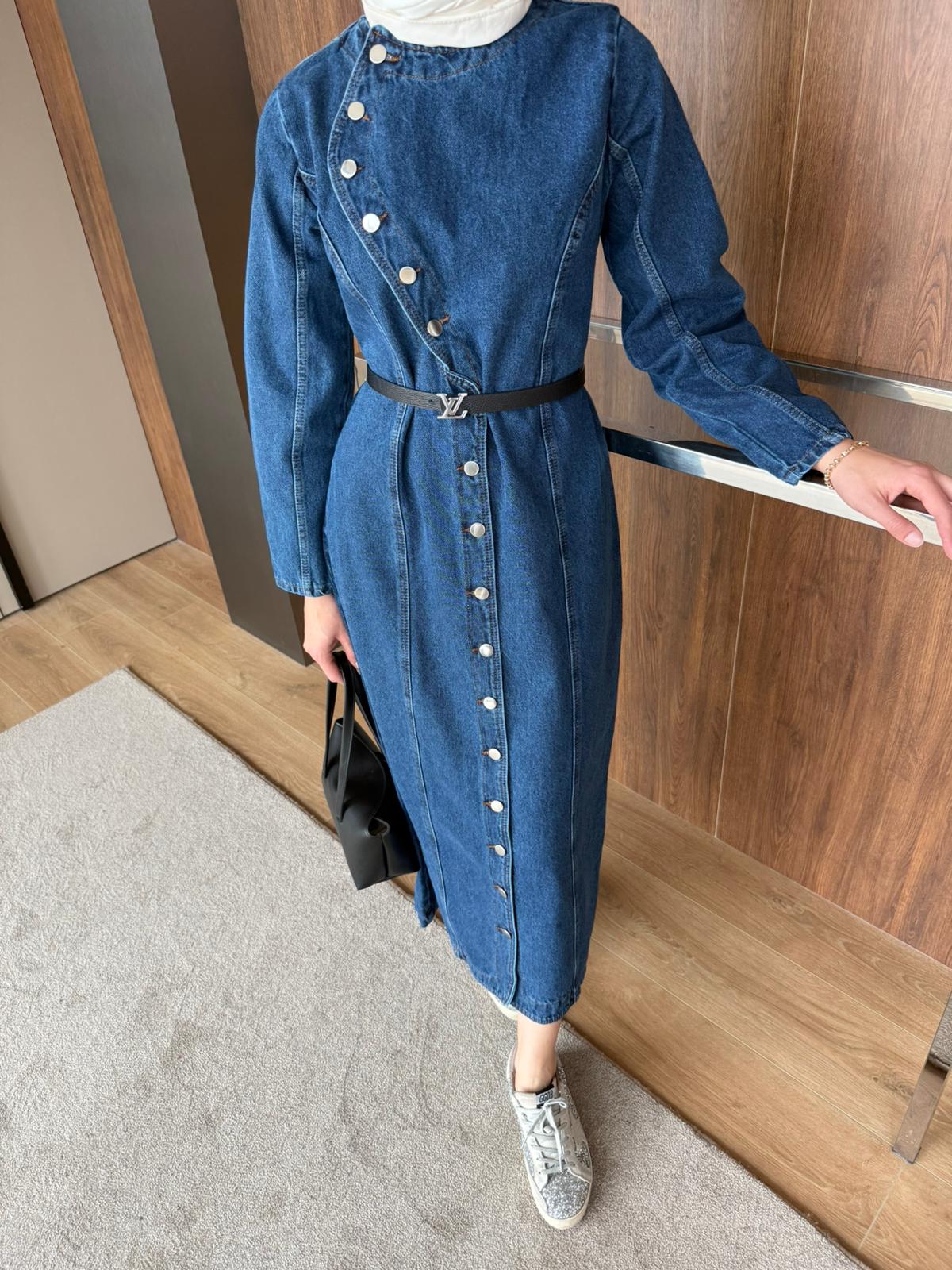 DÜĞMELİ KOT ELBİSE - Koyu Mavi