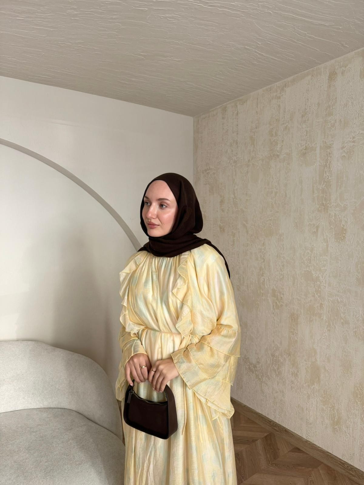 Desenli Vual Elbise  - Sarı-Yeşil