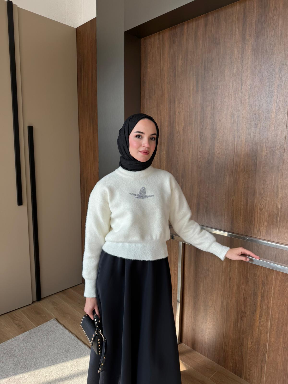 KUŞLU TRİKO KAZAK  - Beyaz