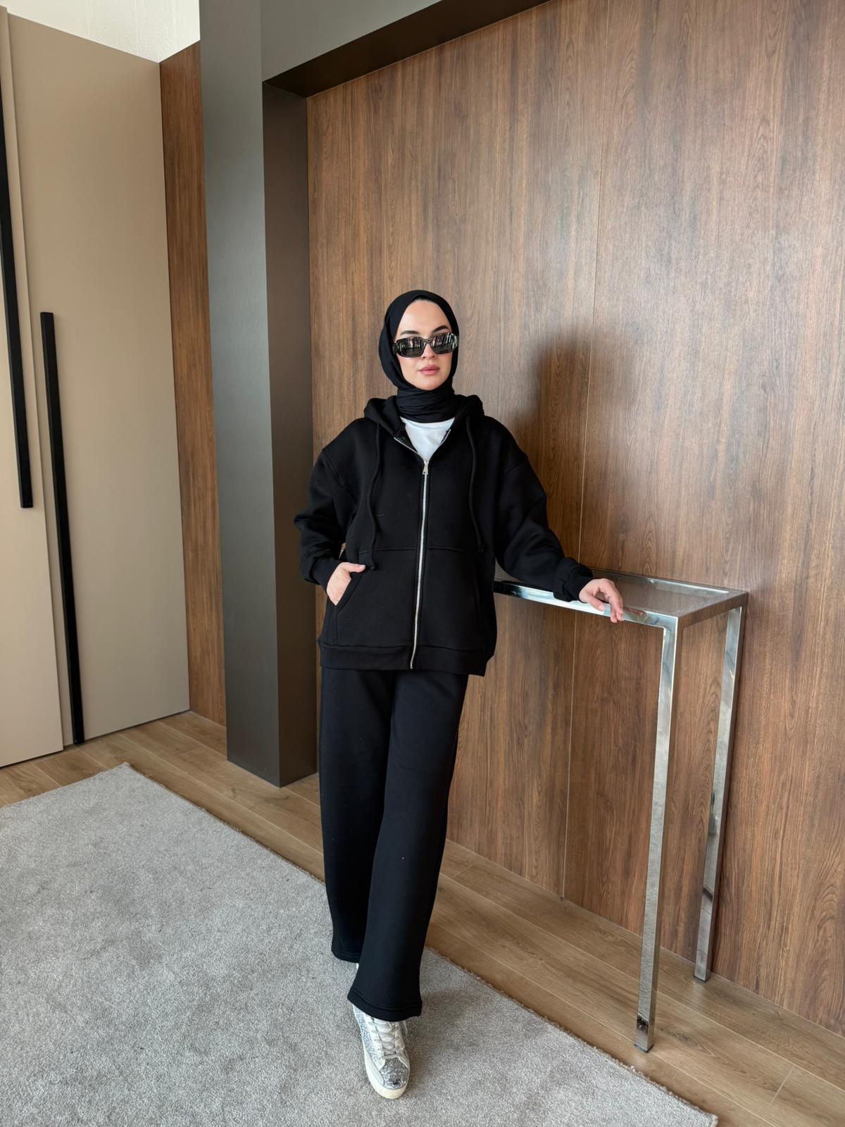 3 İPLİK ŞARDONLU FERMUARLI TAKIM - Siyah