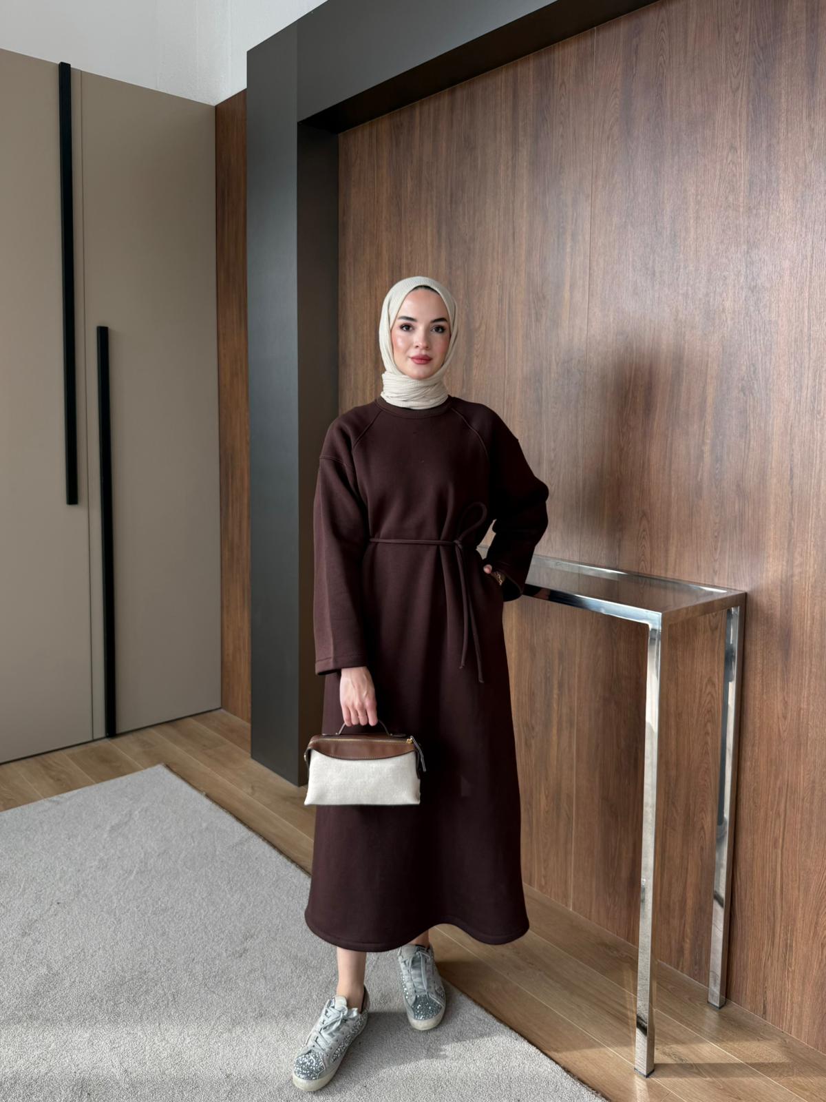 3 İPLİK ŞARDONLU ELBİSE - Kahverengi