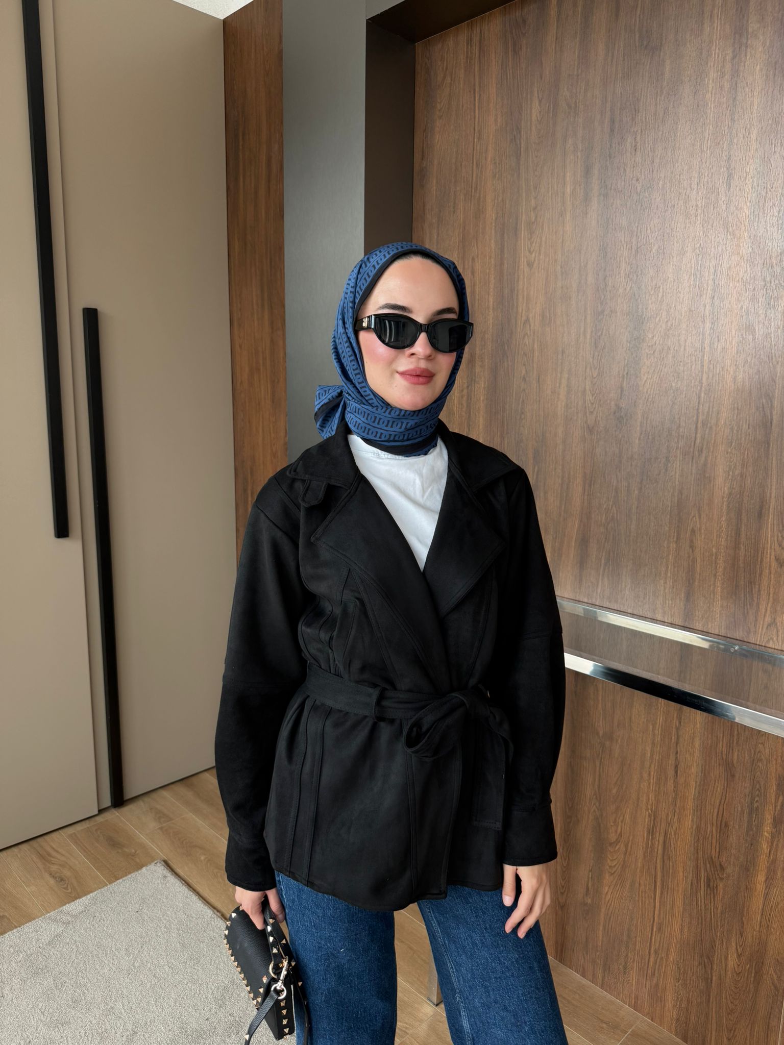 SÜET UZUN TRENÇ  - Siyah