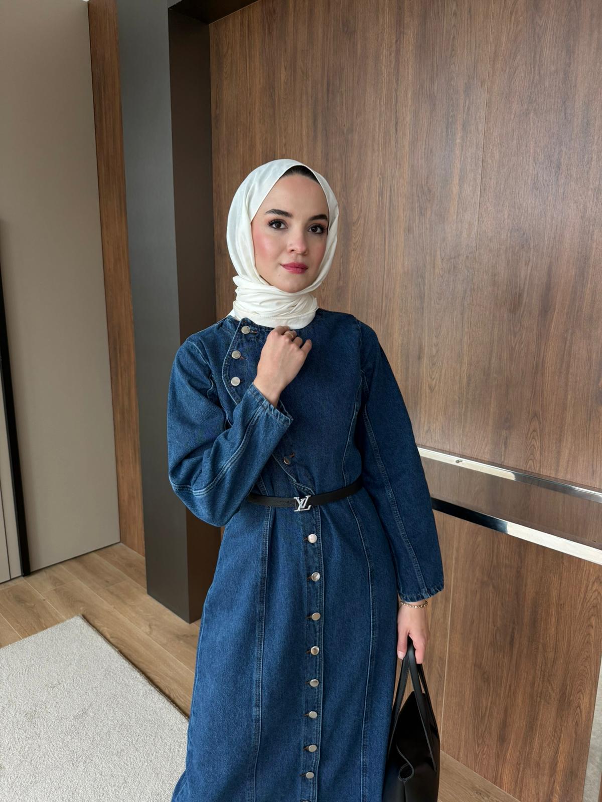 DÜĞMELİ KOT ELBİSE - Koyu Mavi