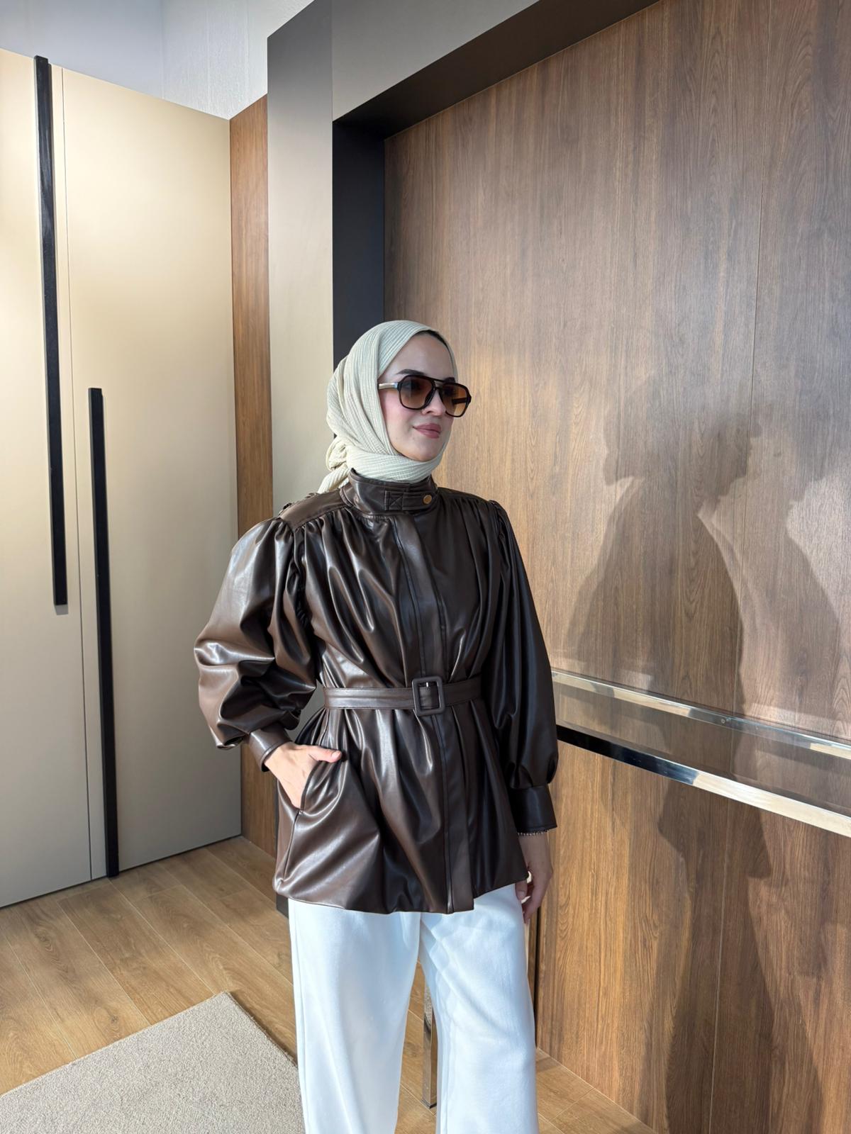 DERİ KEMERLİ CEKET  - Kahverengi