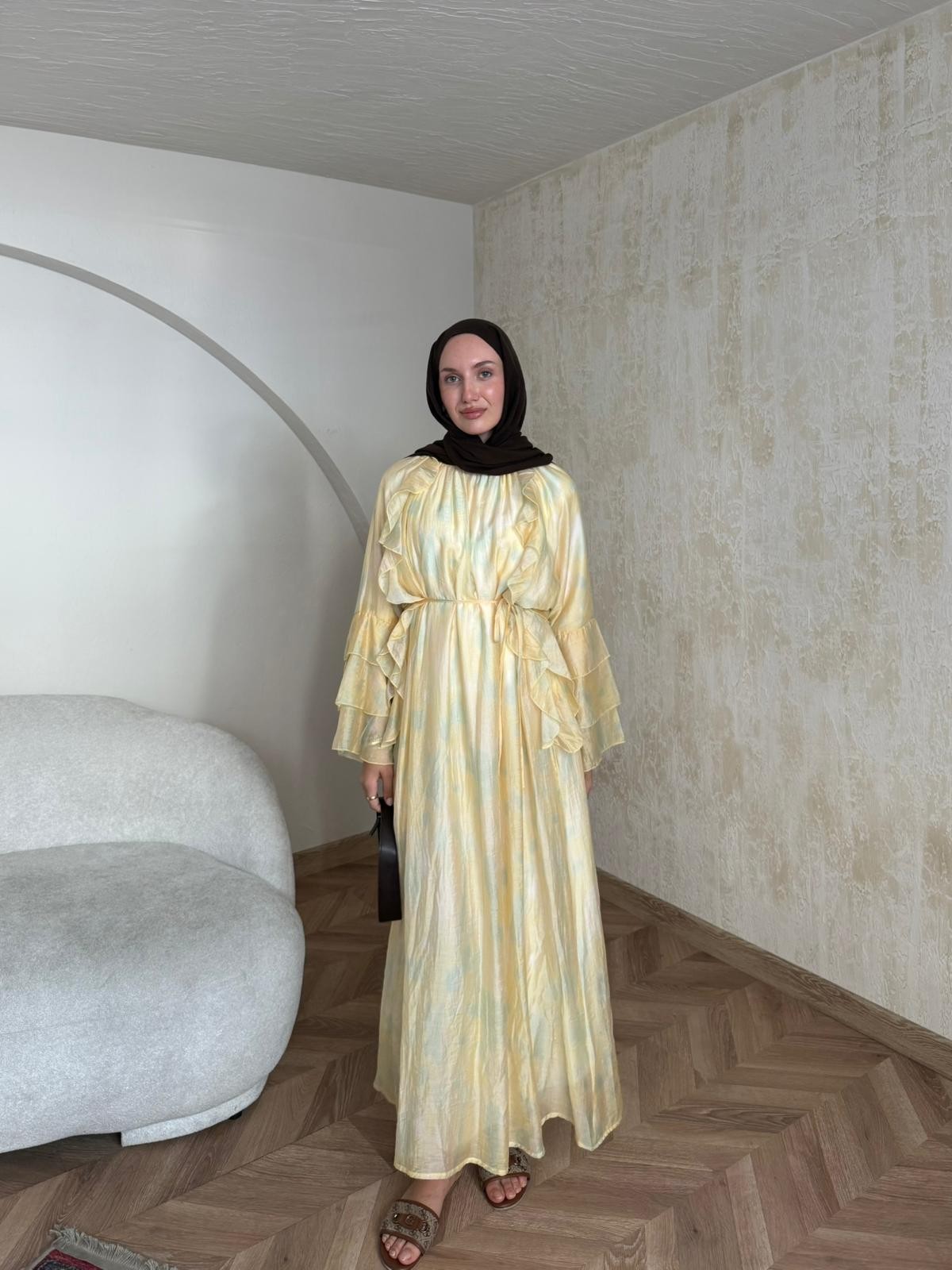 Desenli Vual Elbise  - Sarı-Yeşil