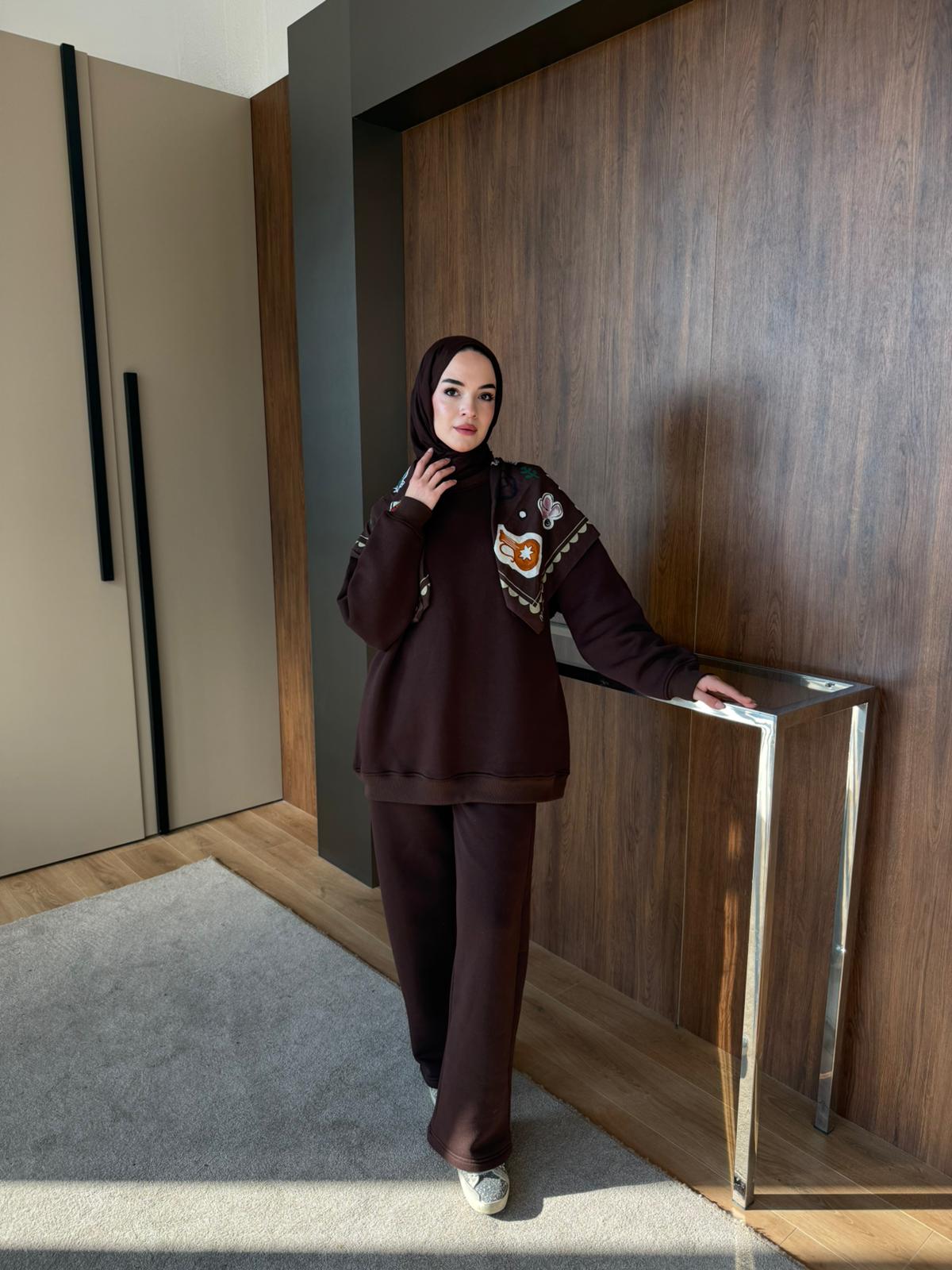 3 İPLİK ŞARDONLU EŞOFMAN TAKIM - Kahverengi