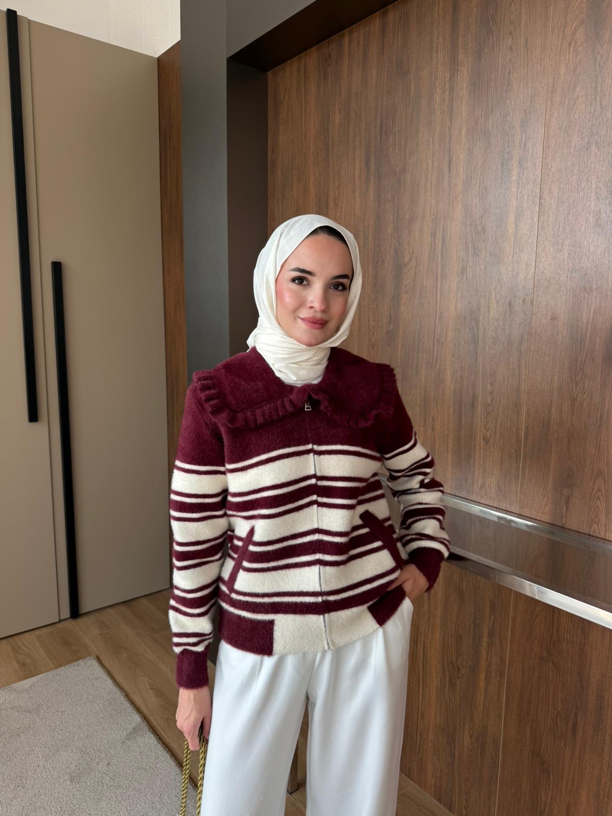 FERMUARLI TRİKO HIRKA  - BORDO BEYAZ