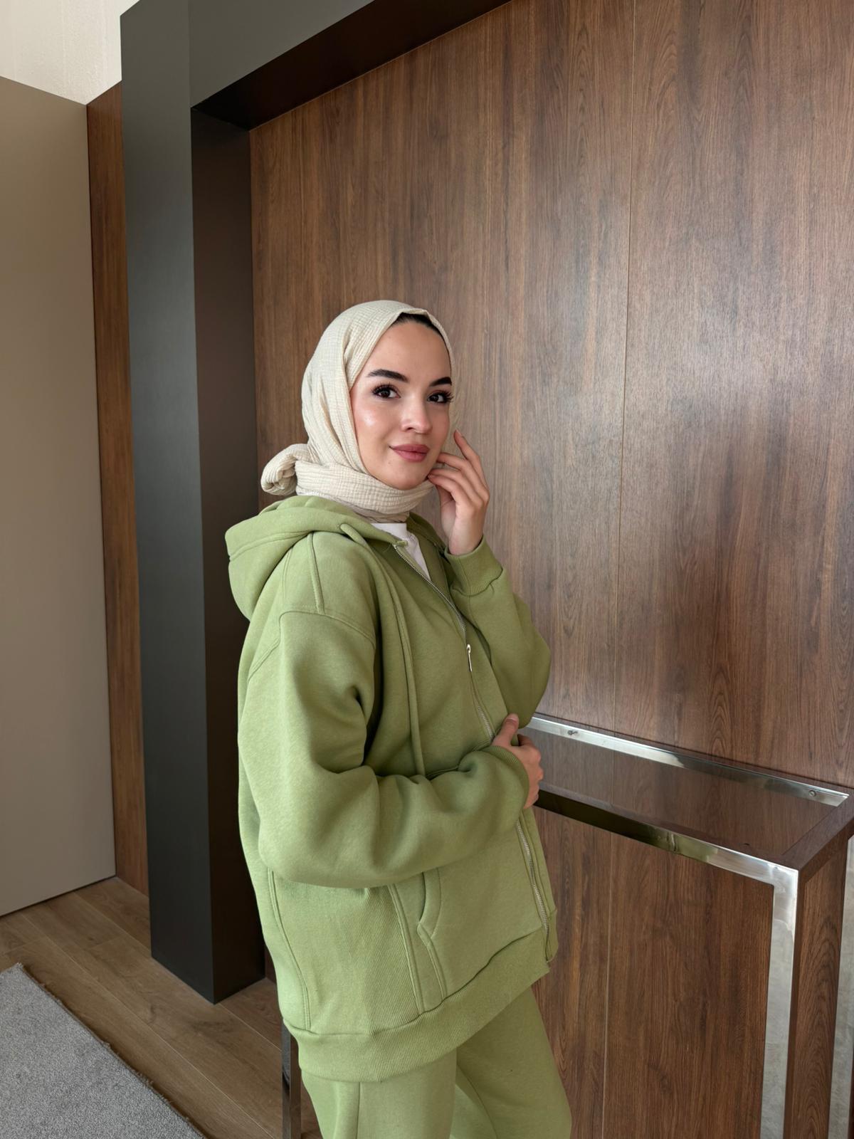 3 İPLİK ŞARDONLU FERMUARLI TAKIM - Yeşil