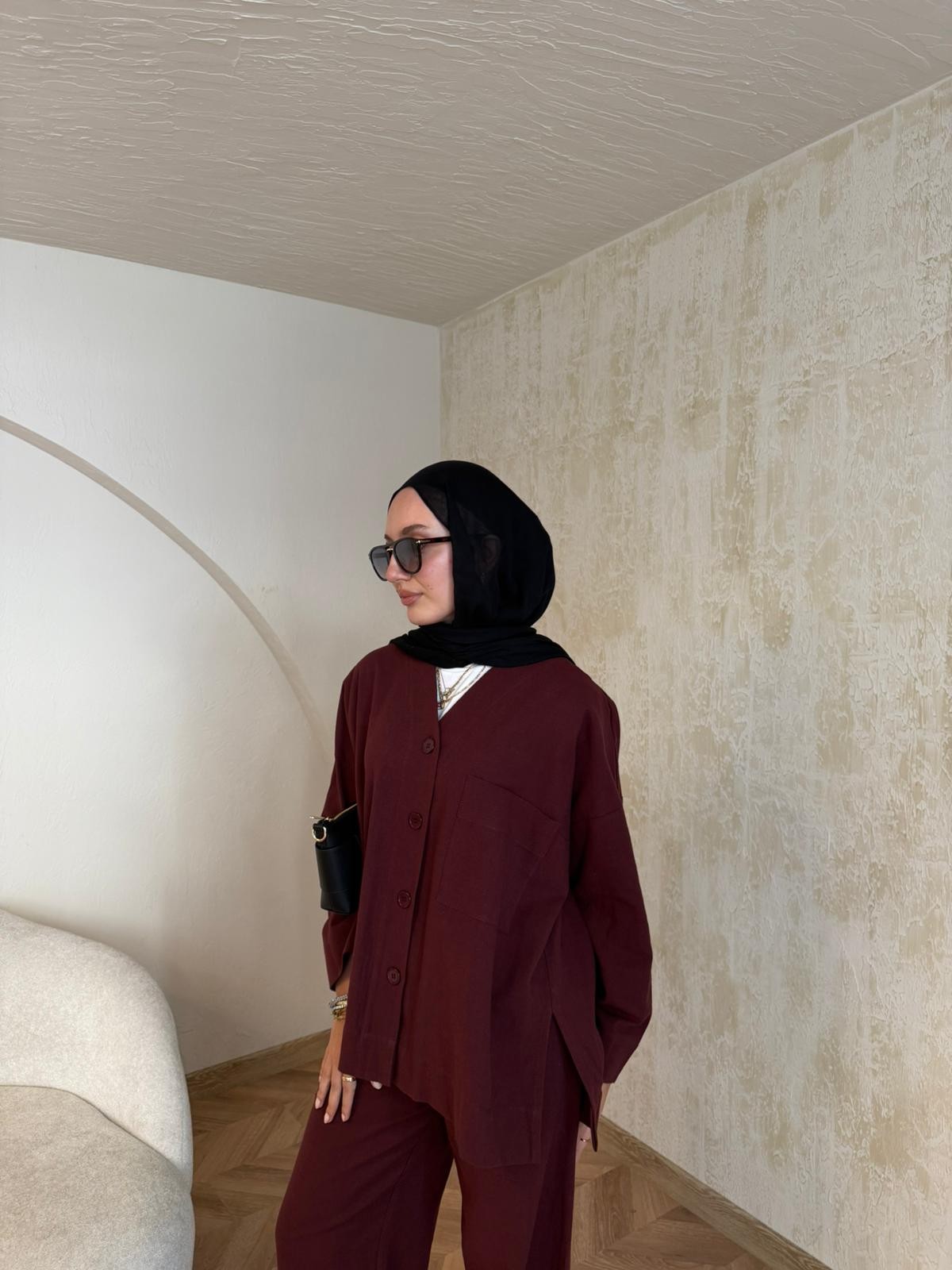 Keten Pantolon Takım  - Bordo