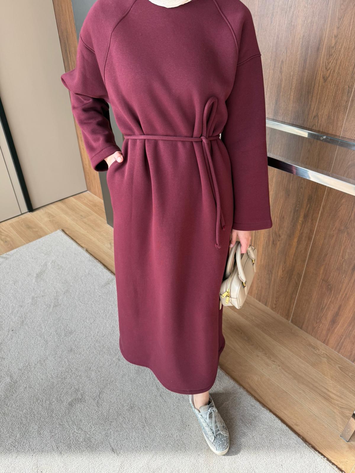 3 İPLİK ŞARDONLU ELBİSE - Bordo