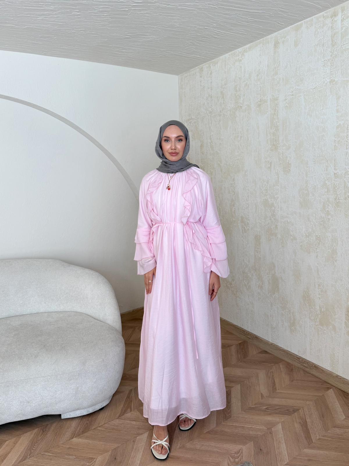 Kol Detayı Fırfırlı Elbise  - Pembe