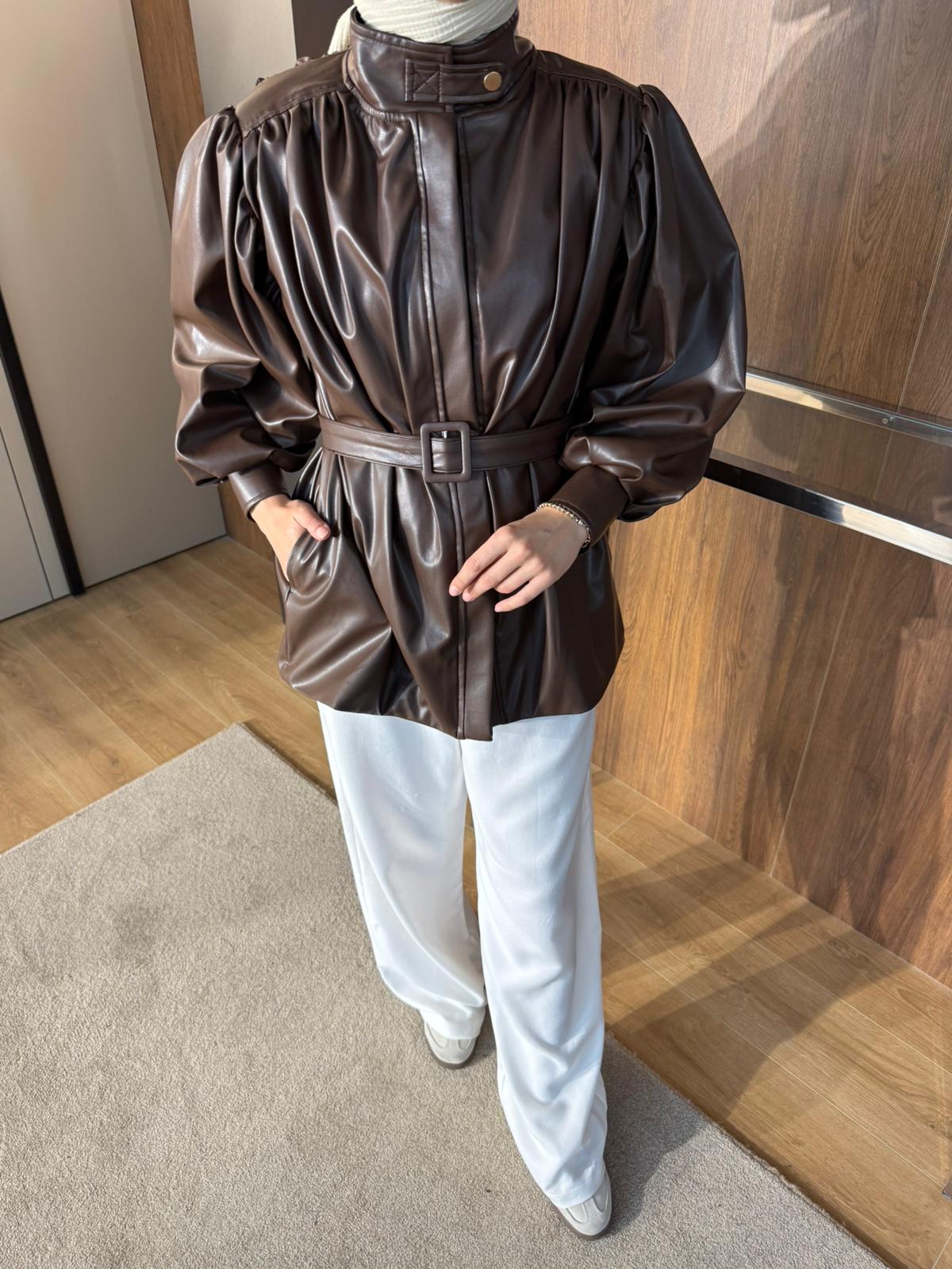 DERİ KEMERLİ CEKET  - Kahverengi