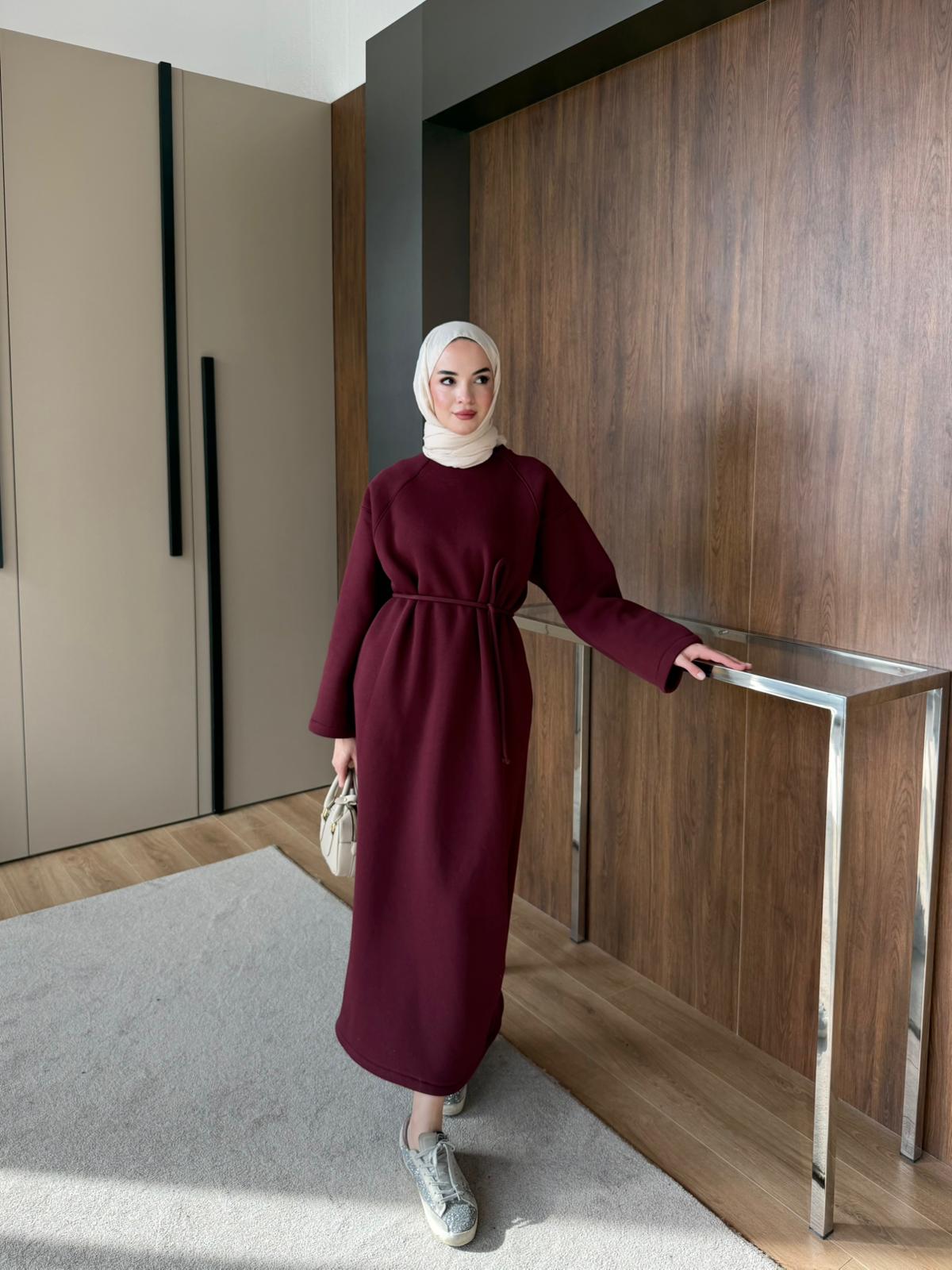 3 İPLİK ŞARDONLU ELBİSE - Bordo