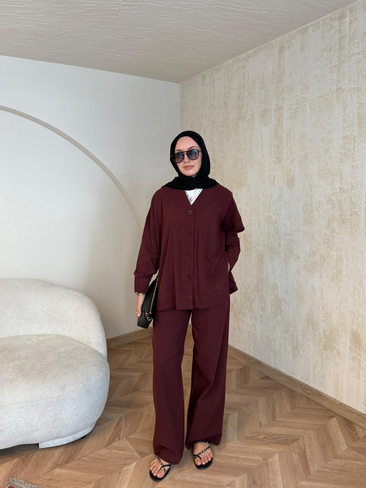 Keten Pantolon Takım  - Bordo