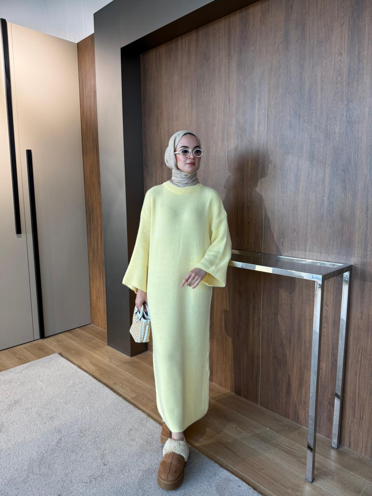 SAKALLI TRİKO ELBİSE  - Sarı