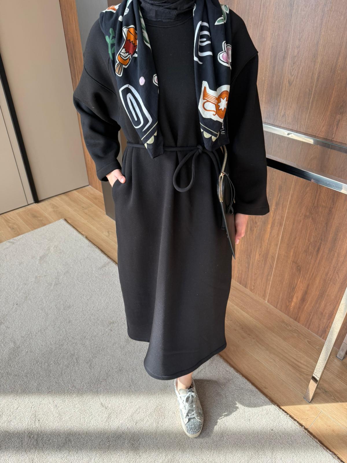 3 İPLİK ŞARDONLU ELBİSE - Siyah