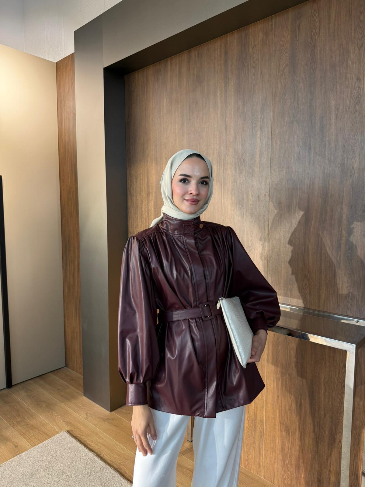 DERİ KEMERLİ CEKET  - Bordo