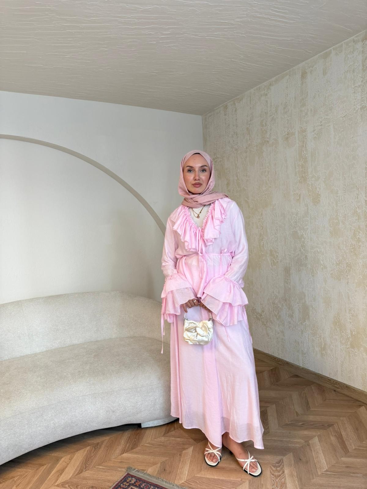 Kol Detayı Fırfırlı Etekli Takım  - Pembe