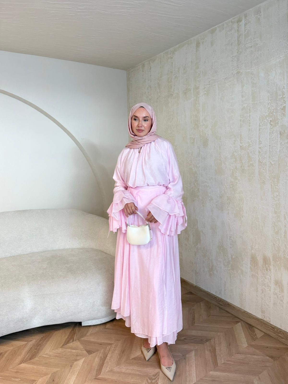Kol Detayı Fırfırlı Etekli Takım  - Pembe