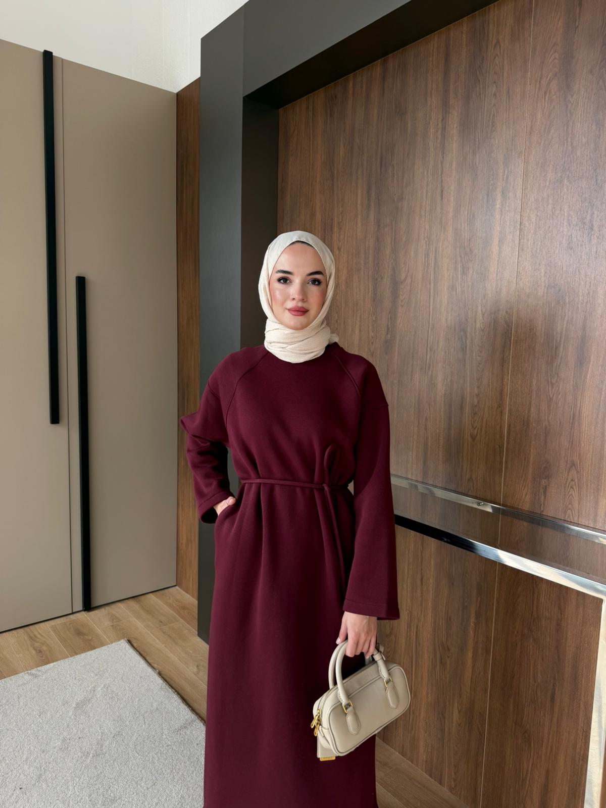 3 İPLİK ŞARDONLU ELBİSE - Bordo