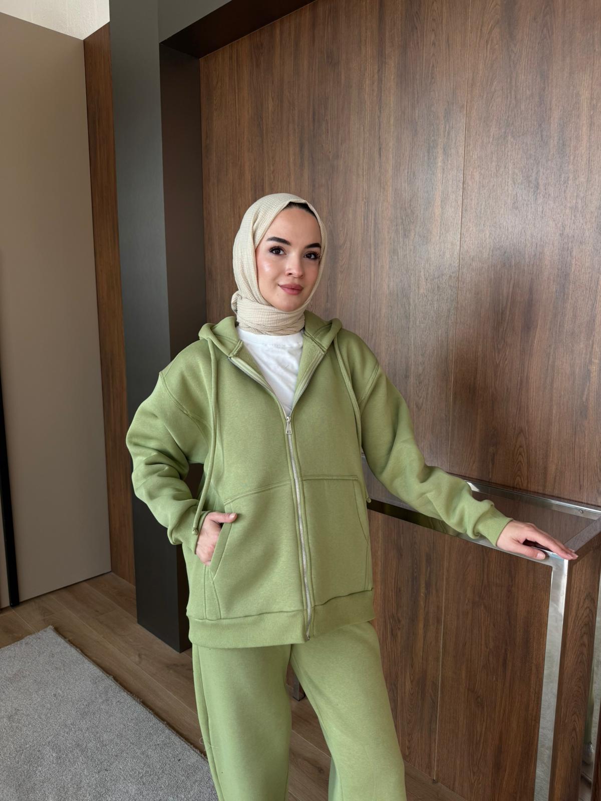 3 İPLİK ŞARDONLU FERMUARLI TAKIM - Yeşil