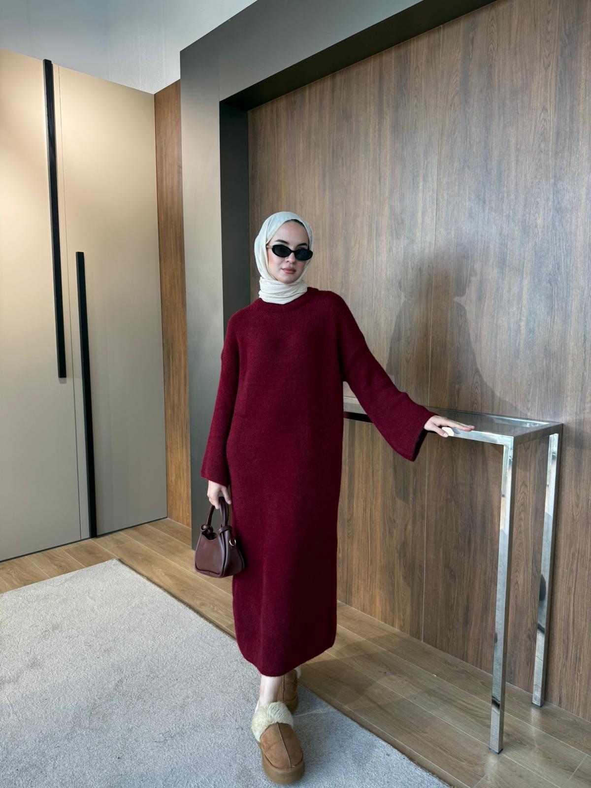 SAKALLI TRİKO ELBİSE  - Bordo