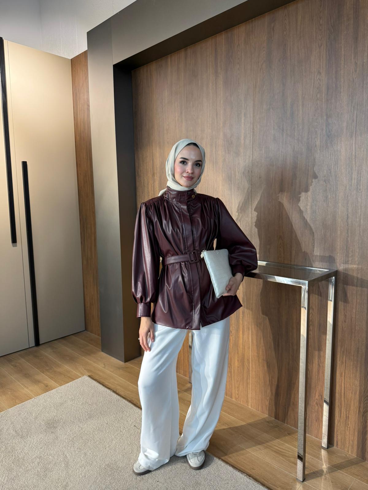 DERİ KEMERLİ CEKET  - Bordo