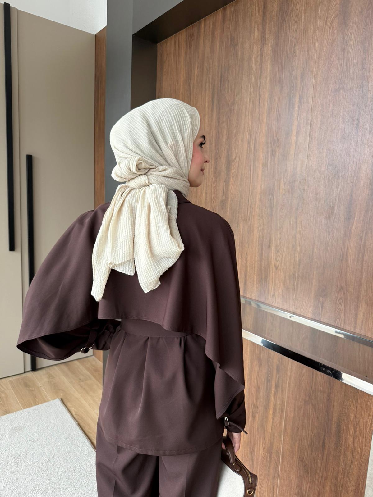 PELERİN DETAYLI OXXO TAKIM - Kahverengi