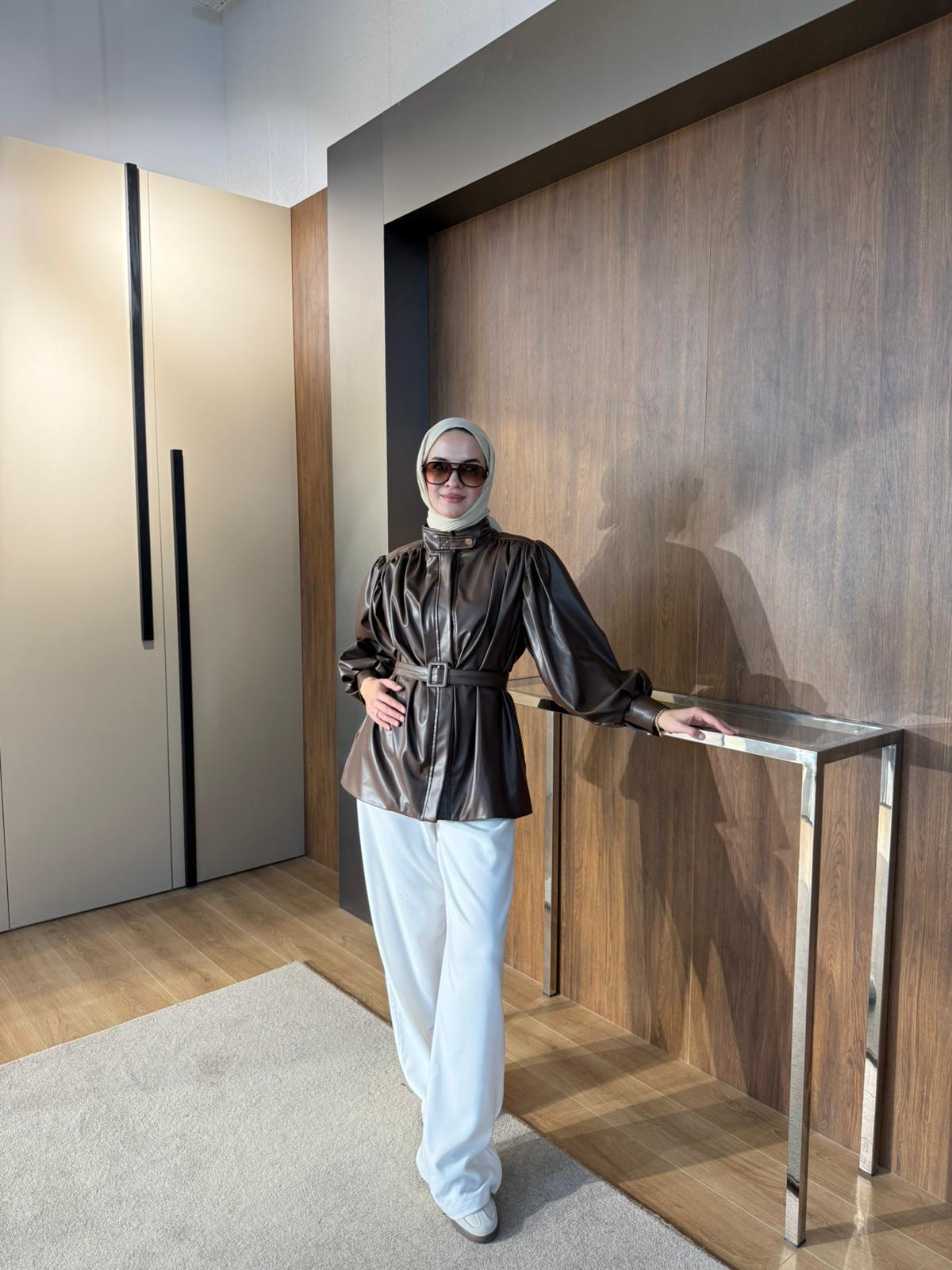 DERİ KEMERLİ CEKET  - Kahverengi