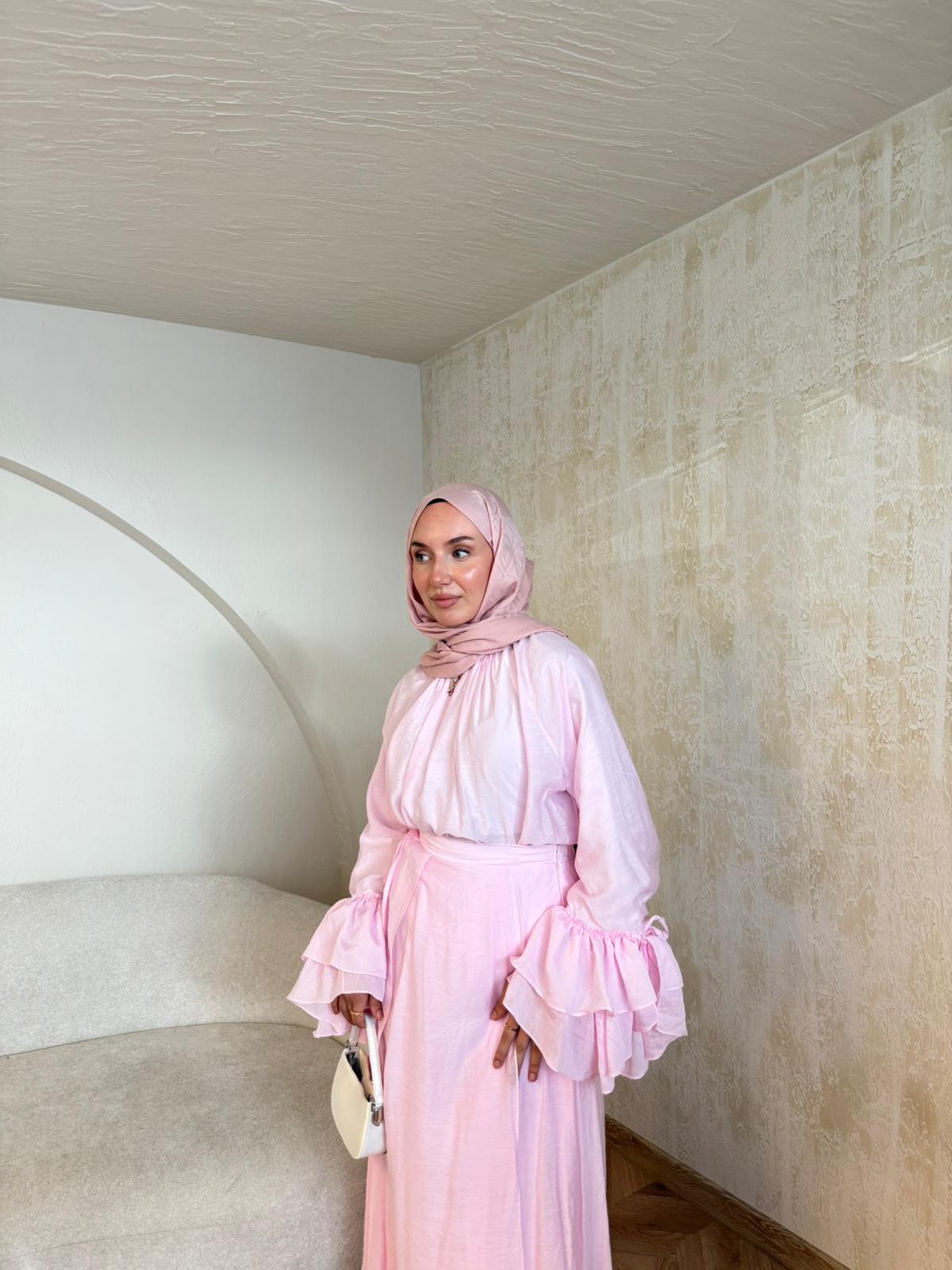 Kol Detayı Fırfırlı Etekli Takım  - Pembe