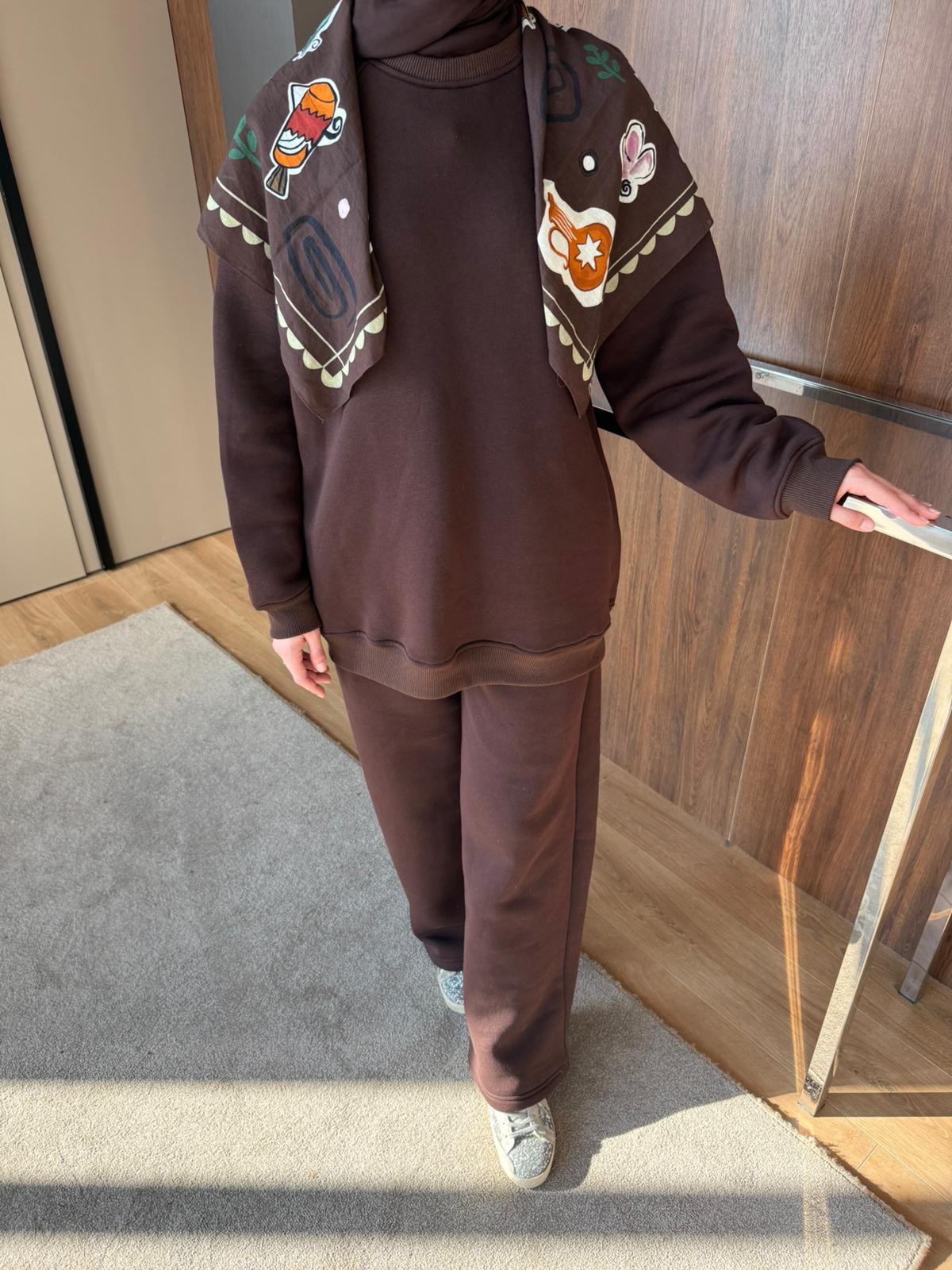 3 İPLİK ŞARDONLU EŞOFMAN TAKIM - Kahverengi