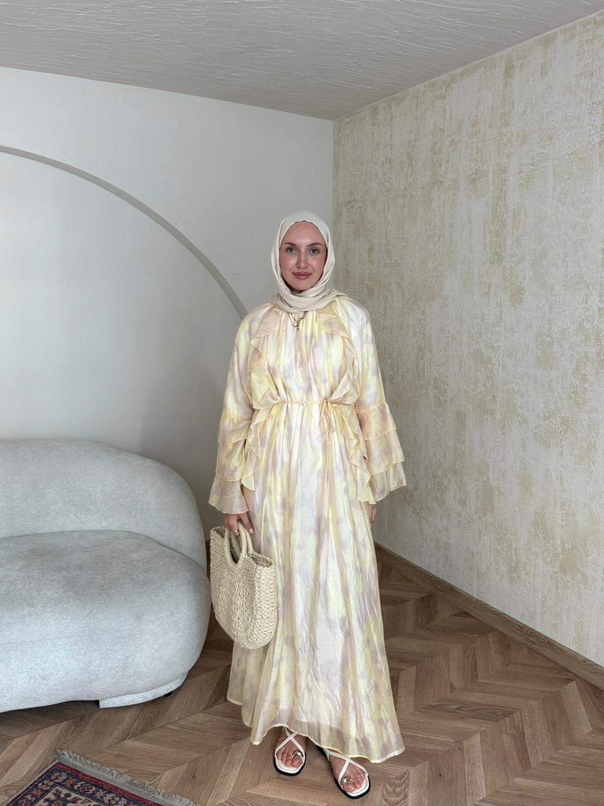 Desenli Vual Elbise  - Sarı-Pudra