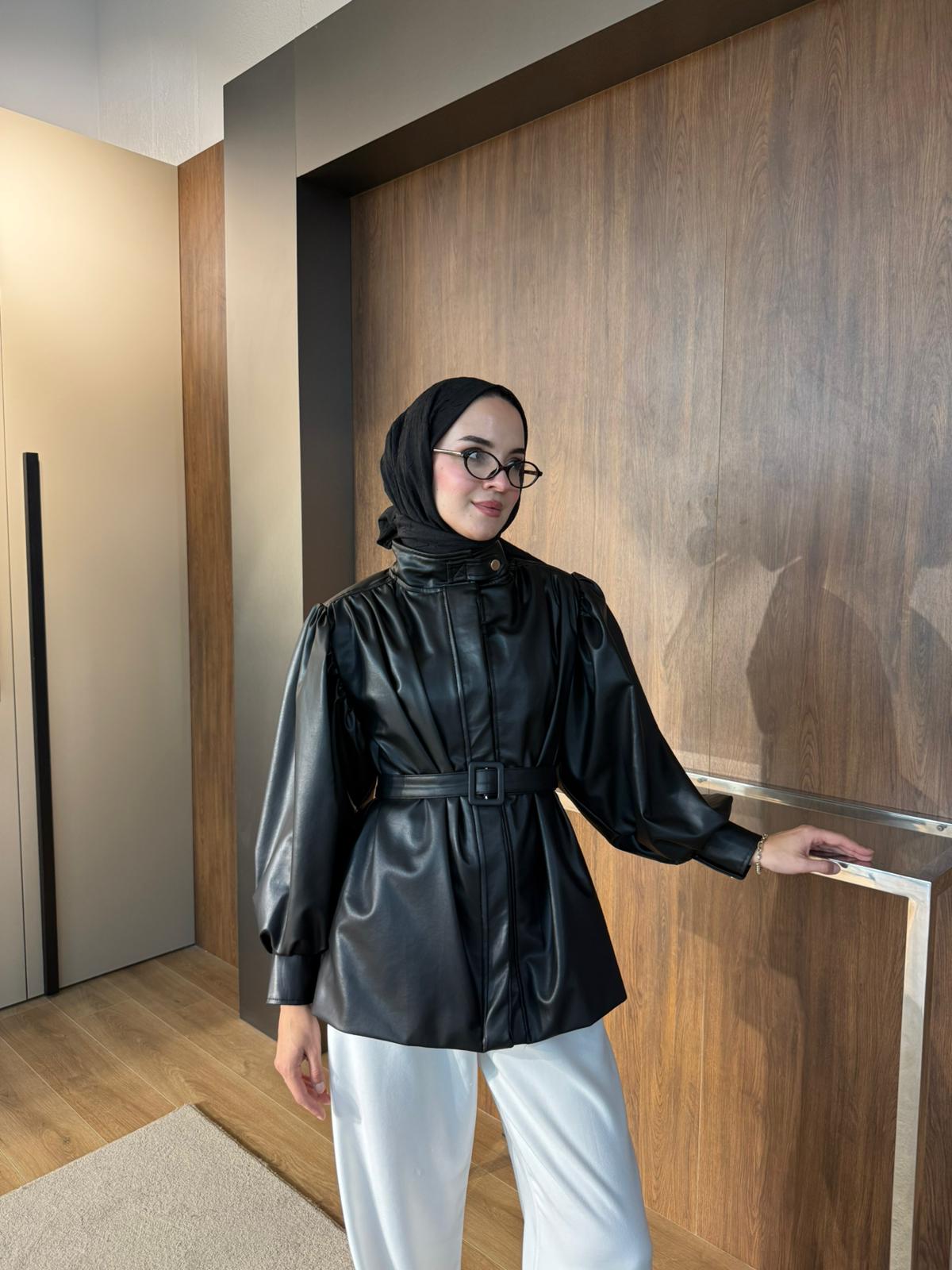 DERİ KEMERLİ CEKET  - Siyah