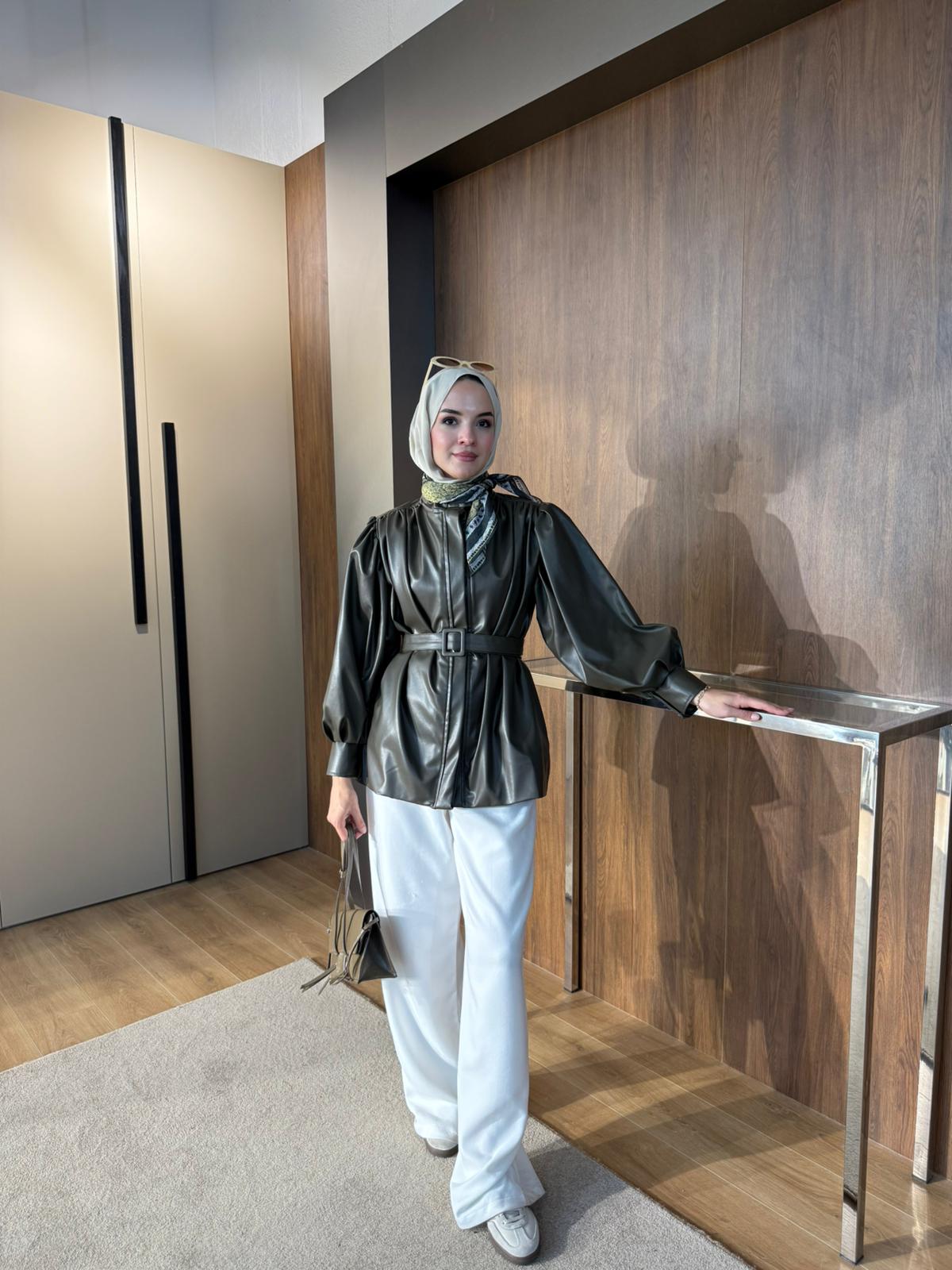 DERİ KEMERLİ CEKET  - Yeşil