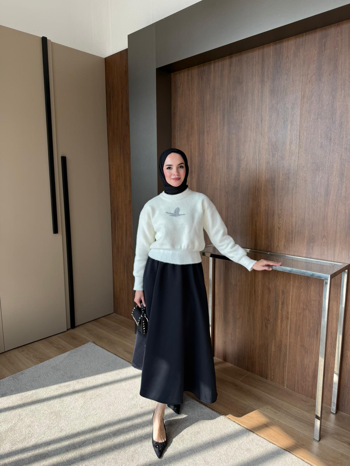 KUŞLU TRİKO KAZAK  - Beyaz