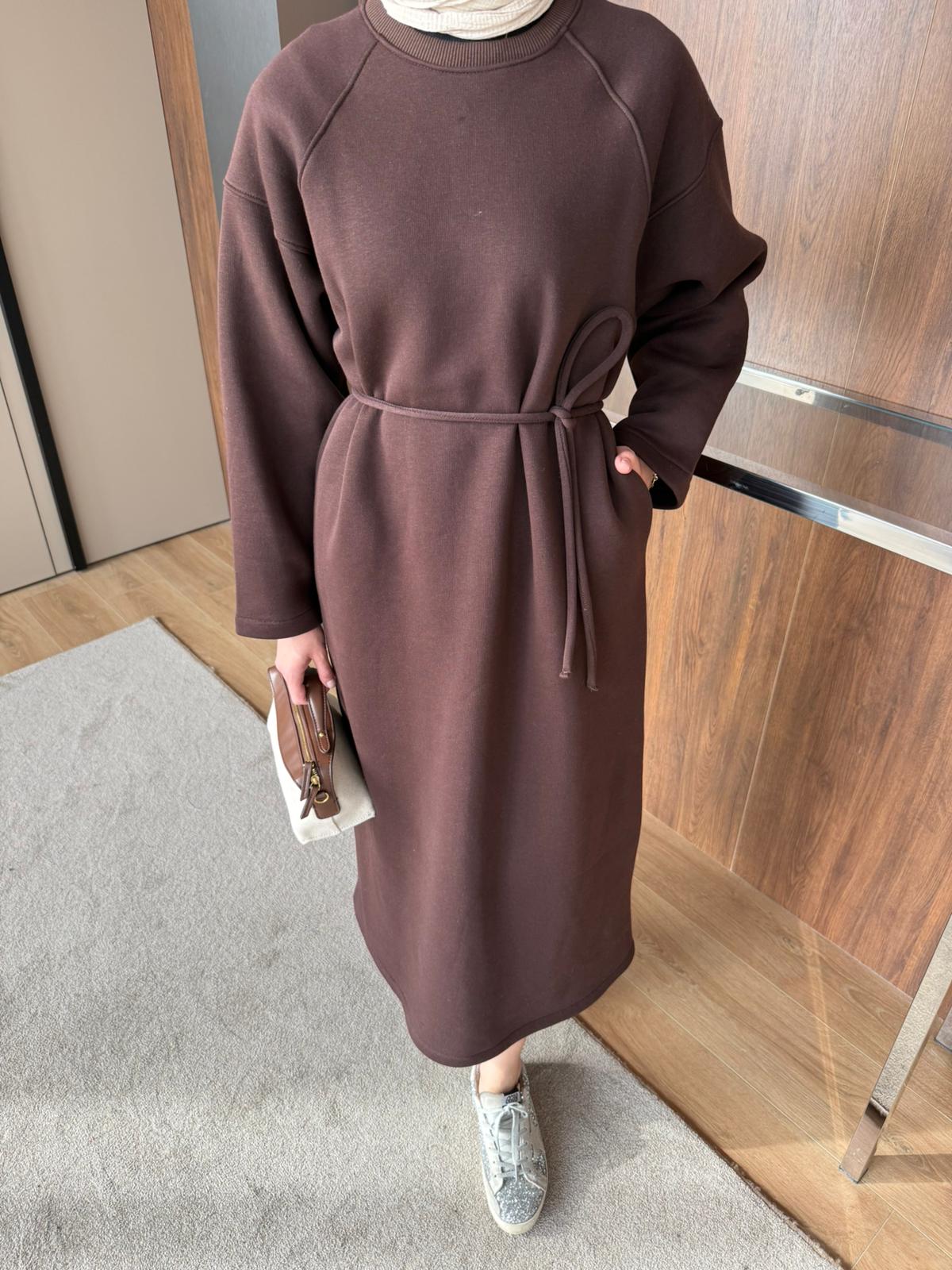 3 İPLİK ŞARDONLU ELBİSE - Kahverengi