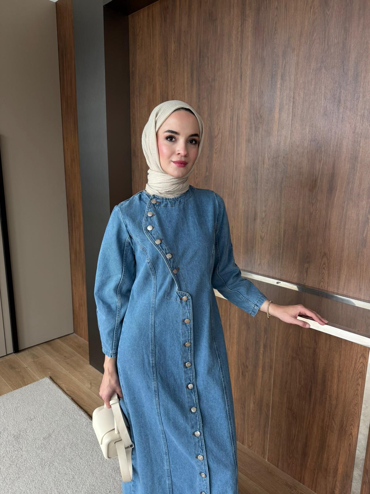 DÜĞMELİ KOT ELBİSE - Açık Mavi