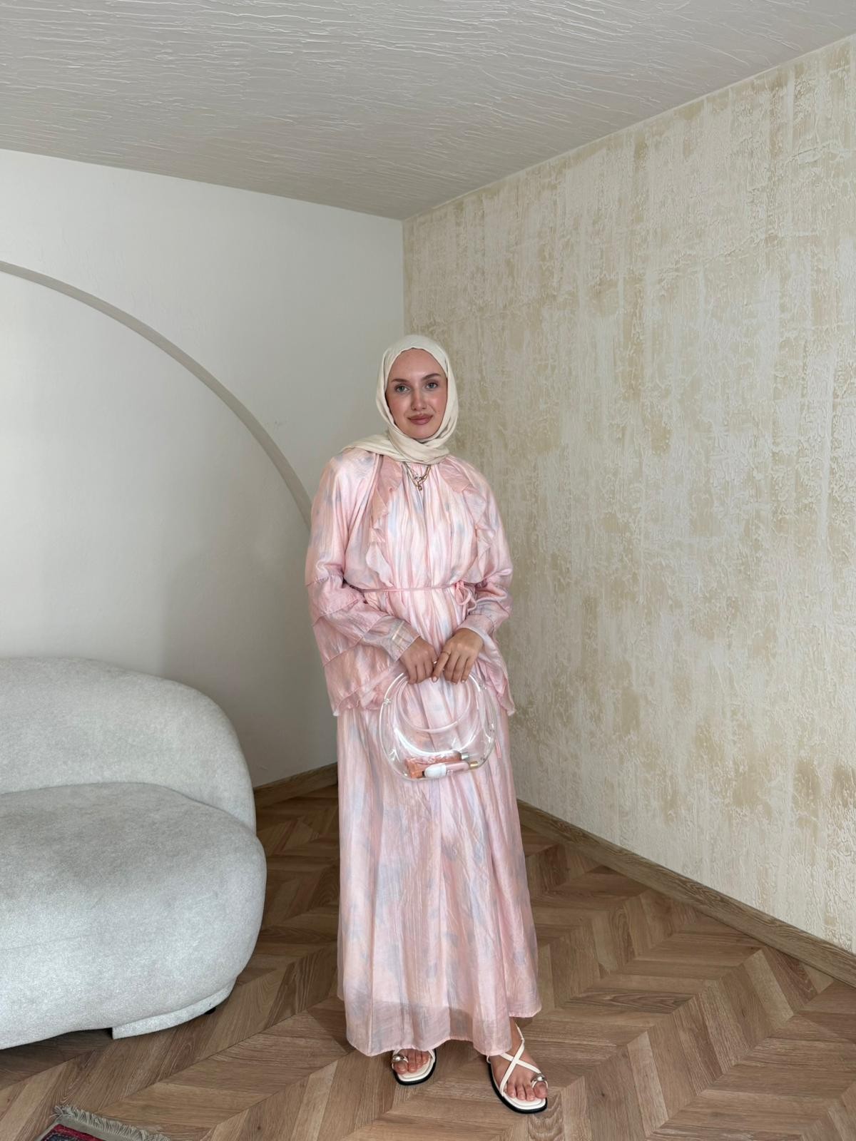 Desenli Vual Elbise  - Pembe-Mor