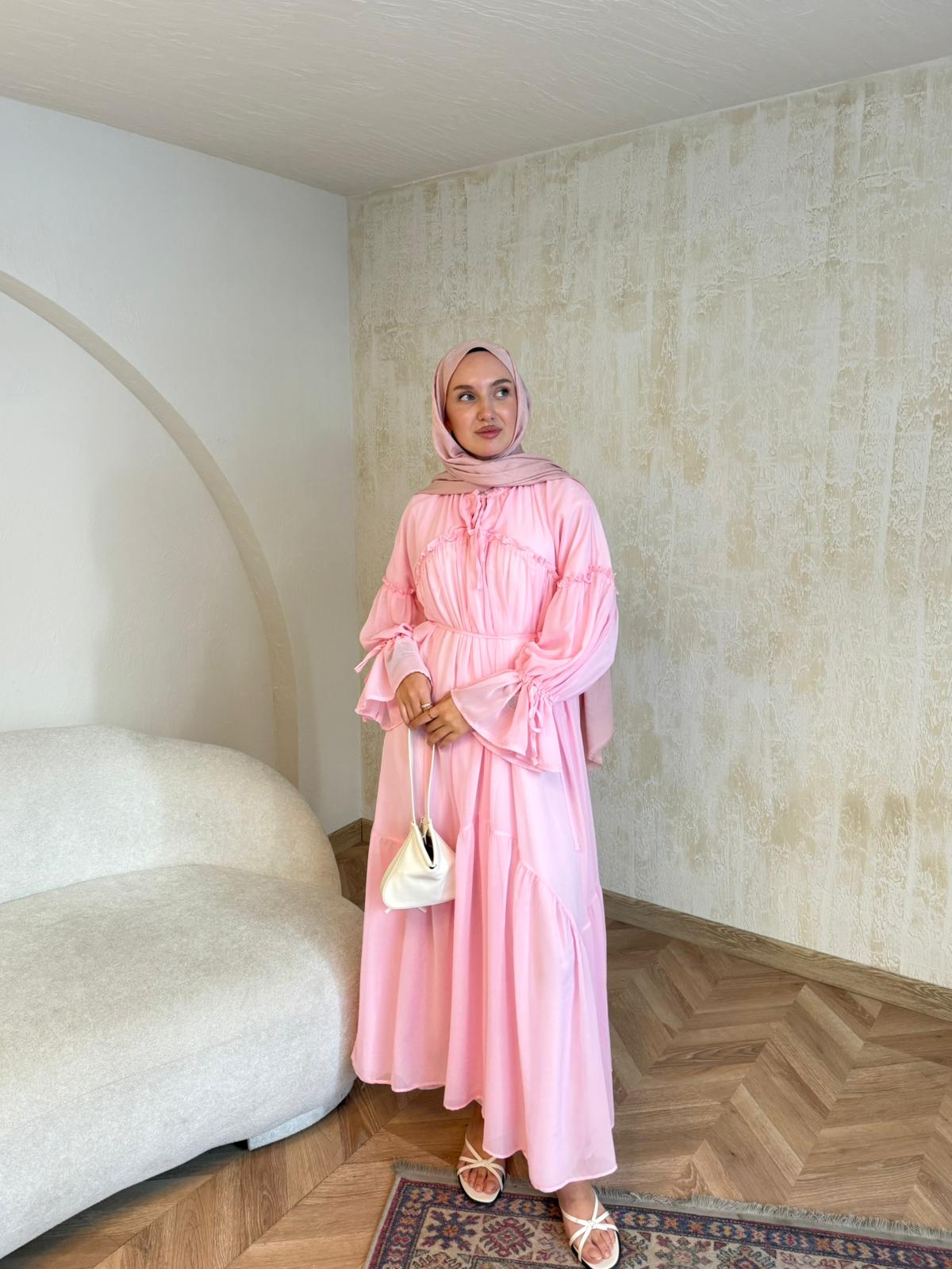 Şifon Astarlı Elbise - Pembe