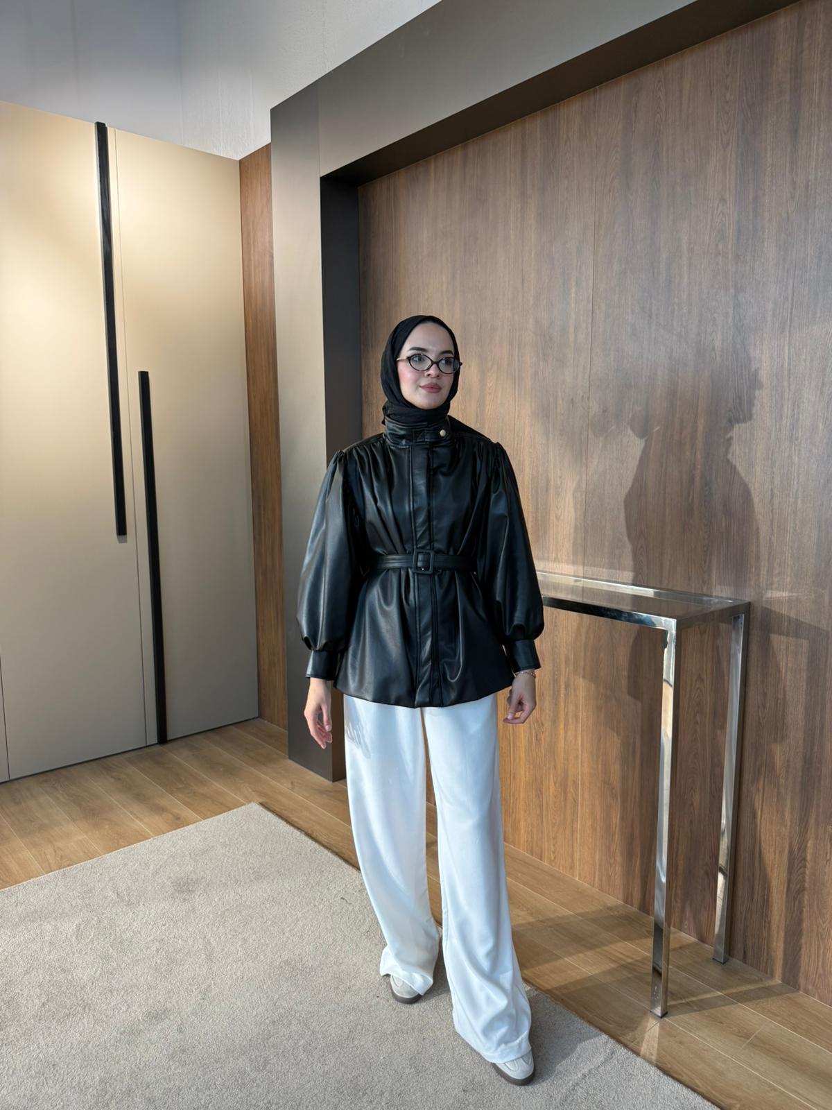 DERİ KEMERLİ CEKET  - Siyah