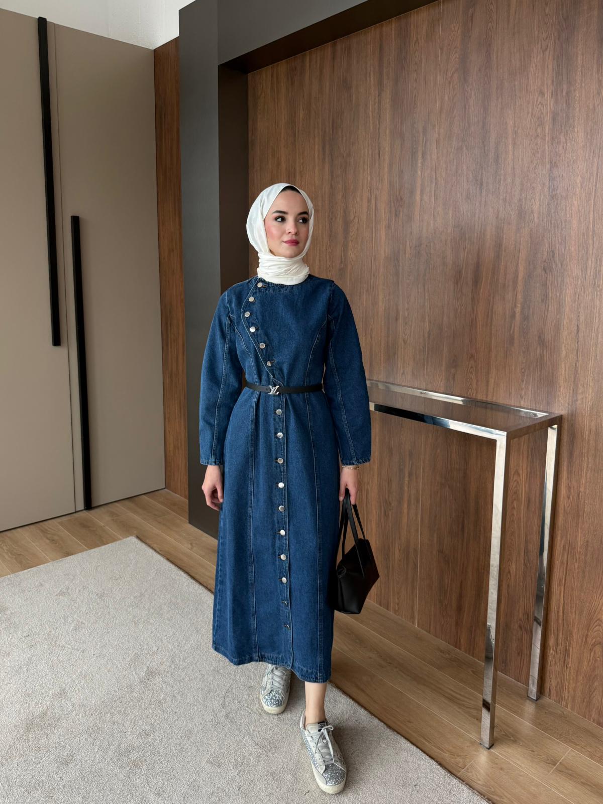 DÜĞMELİ KOT ELBİSE - Koyu Mavi