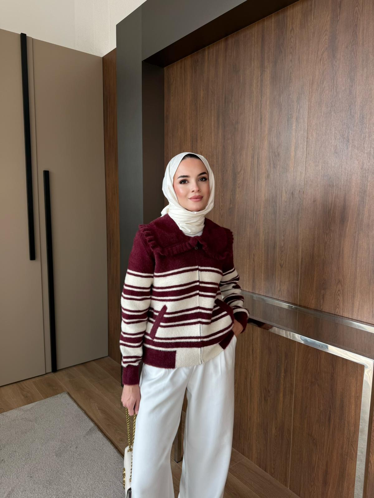 FERMUARLI TRİKO HIRKA  - BORDO BEYAZ