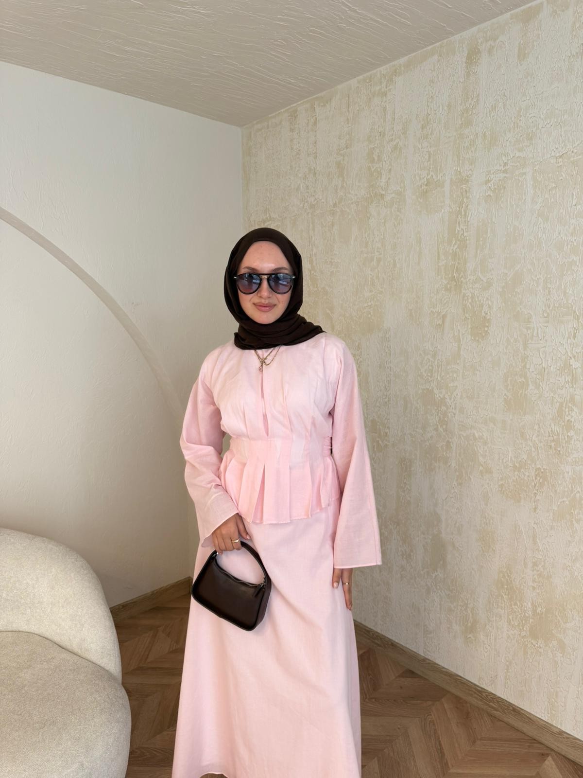 İpek Vual Pamuklu Etekli Takım  - Pembe