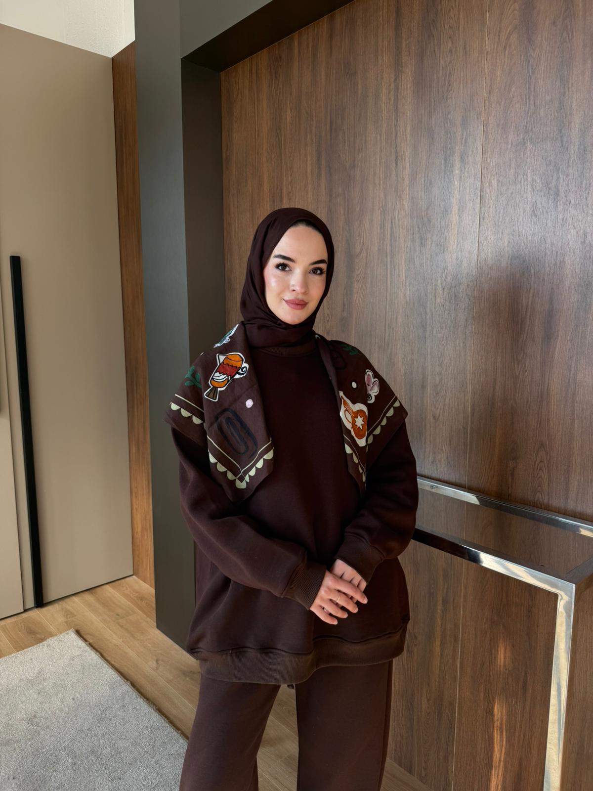 3 İPLİK ŞARDONLU EŞOFMAN TAKIM - Kahverengi