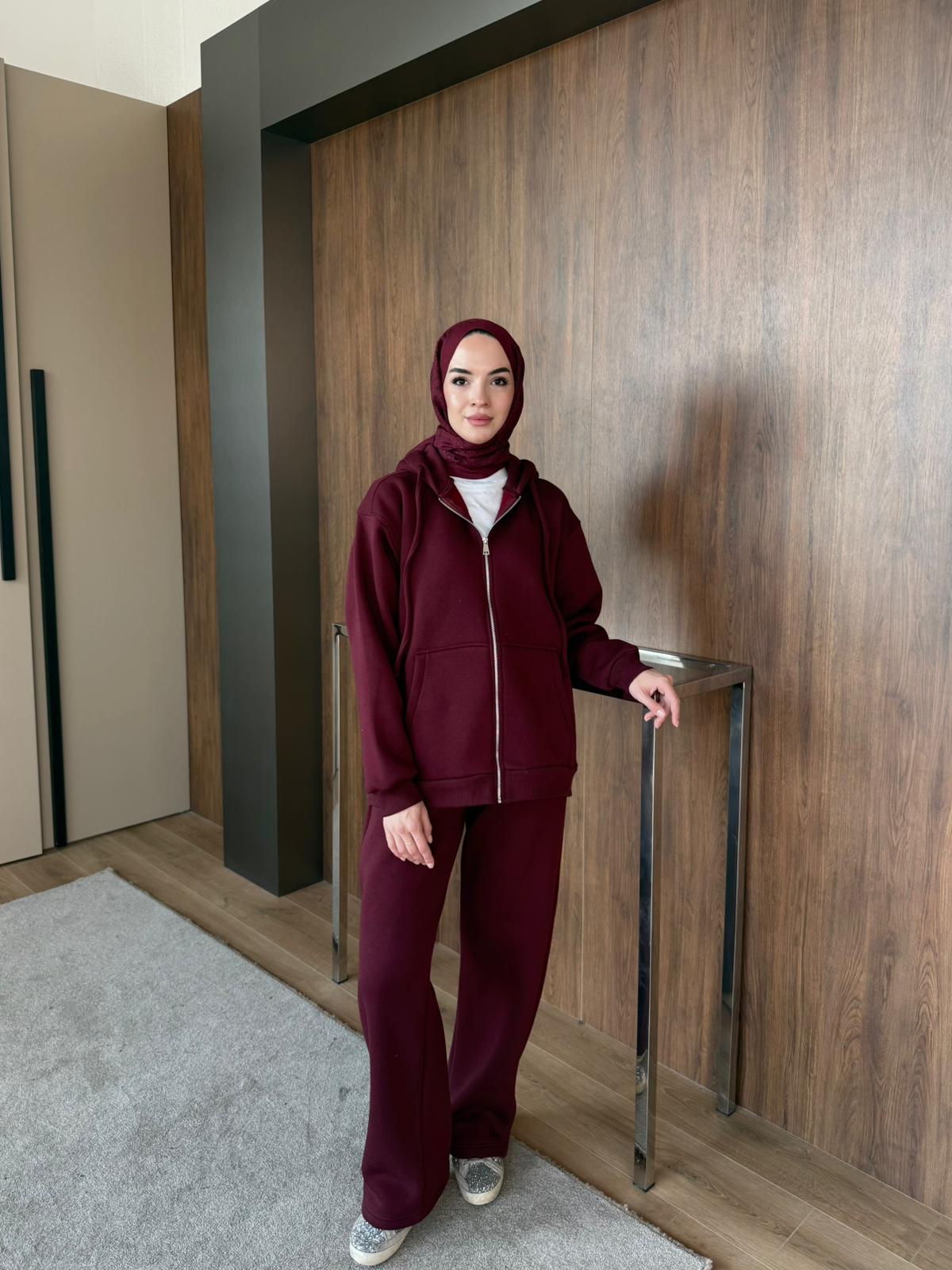 3 İPLİK ŞARDONLU FERMUARLI TAKIM - Bordo