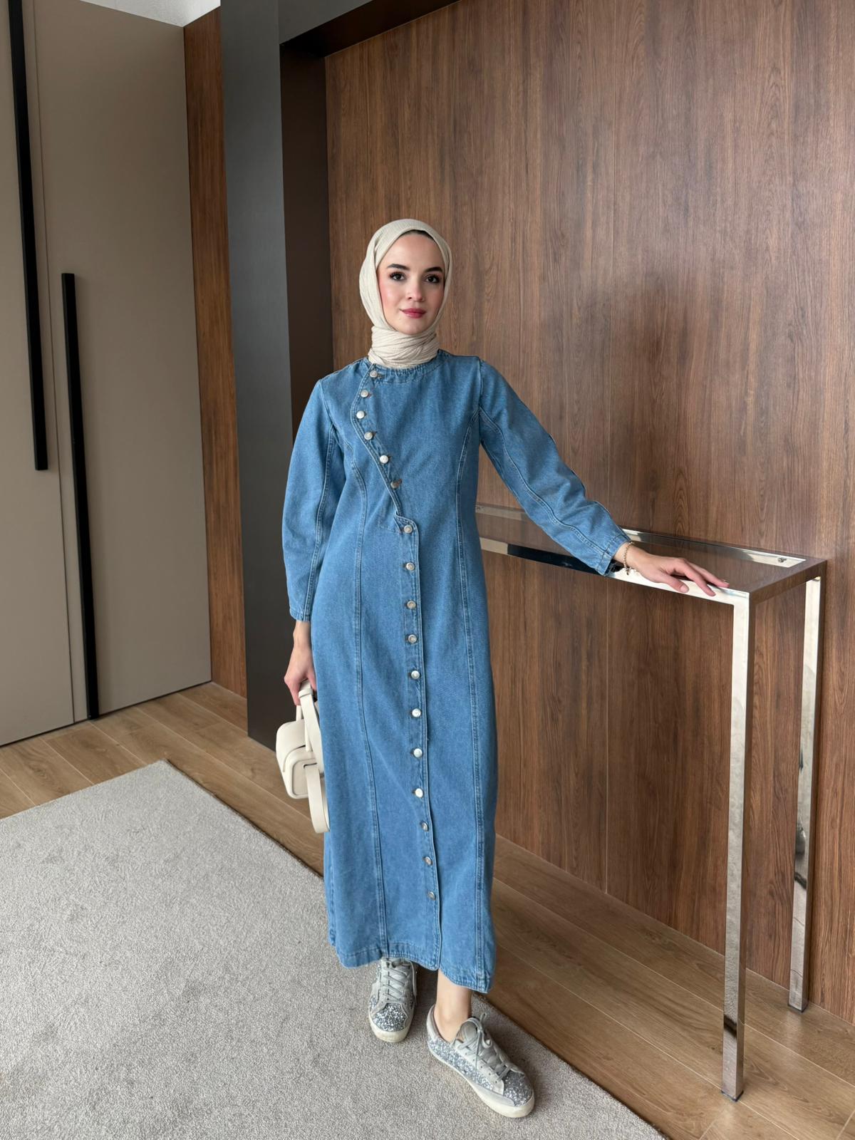 DÜĞMELİ KOT ELBİSE - Açık Mavi