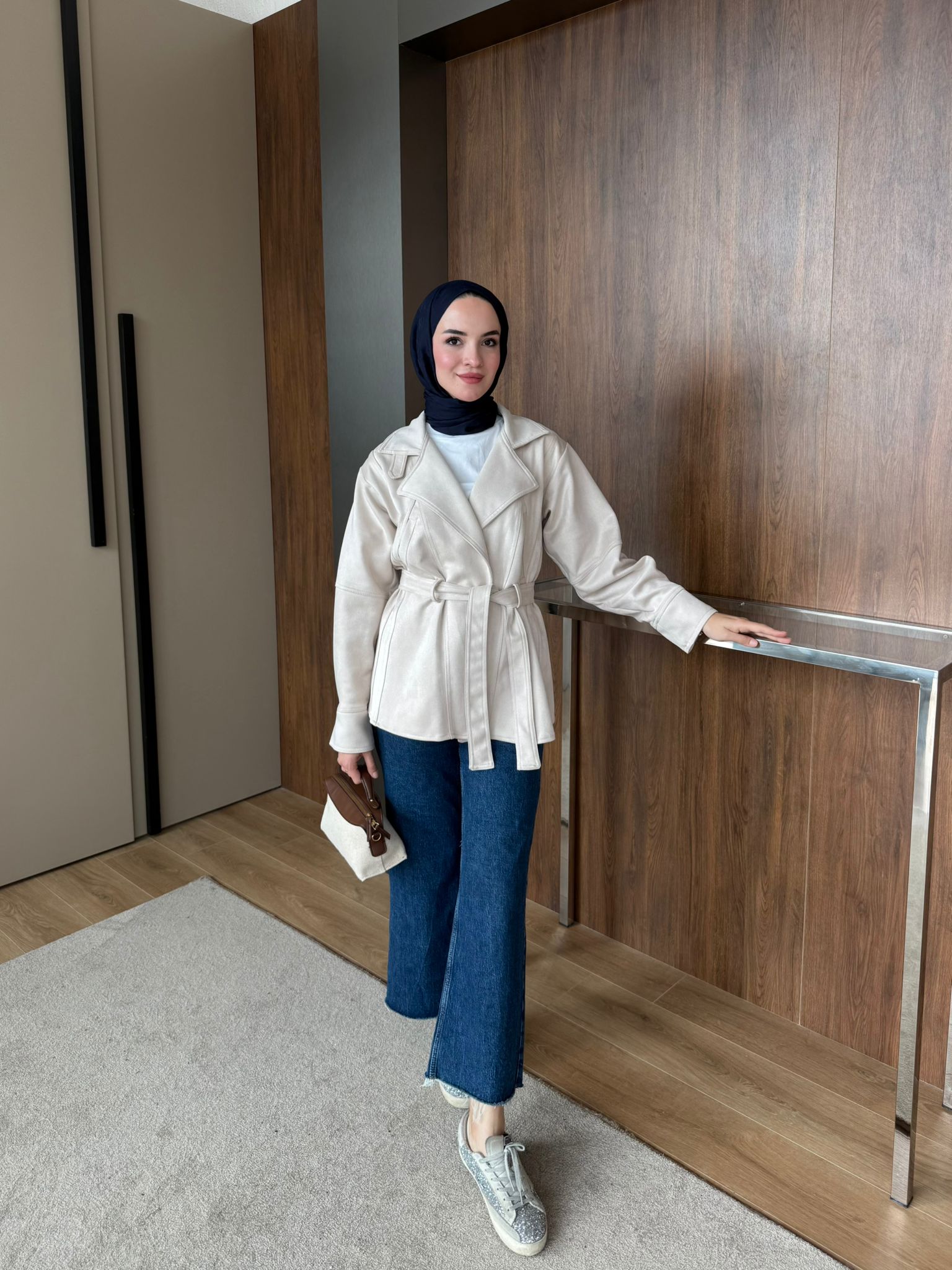 SÜET UZUN TRENÇ  - Taş Renk