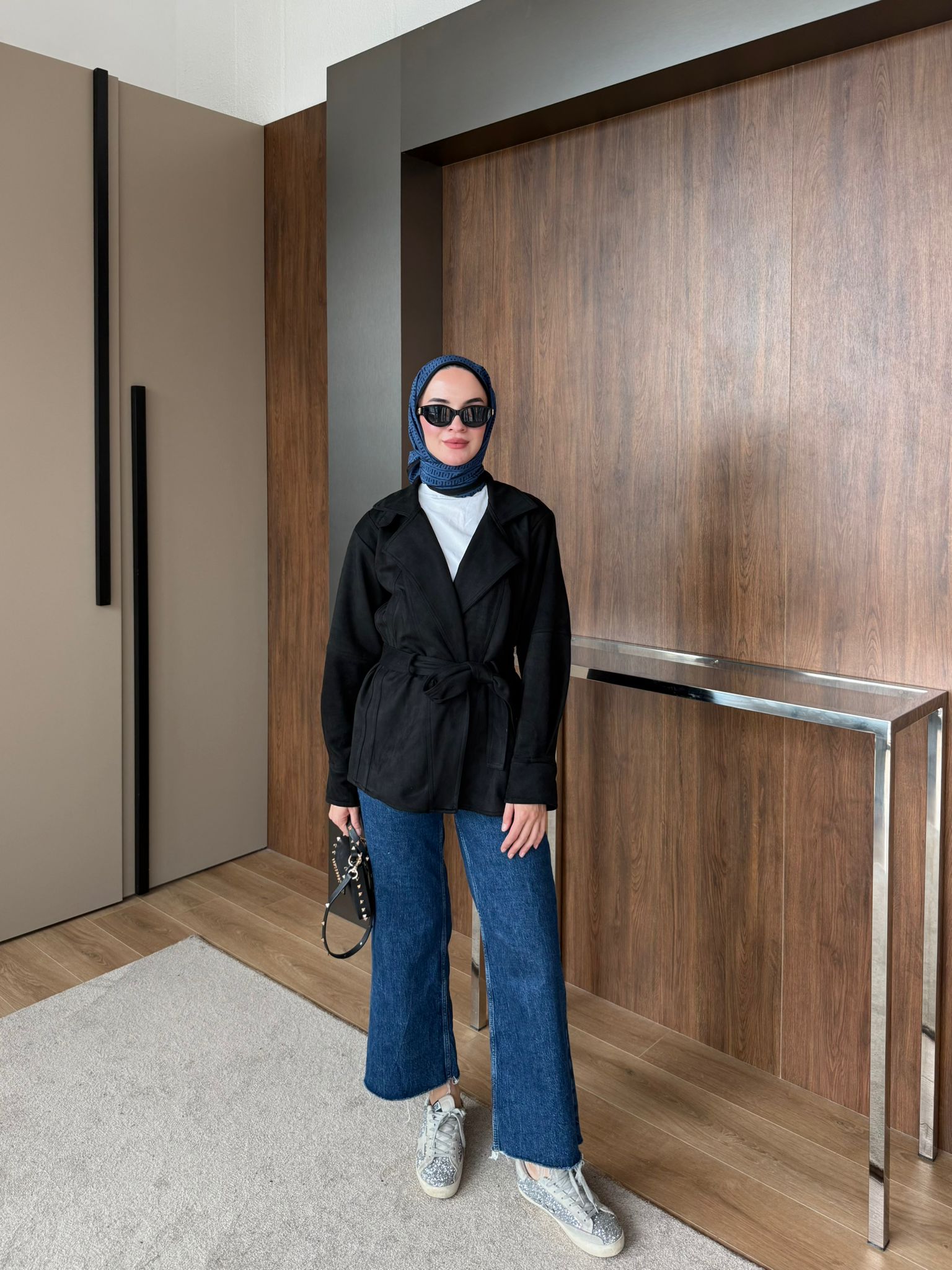 SÜET UZUN TRENÇ  - Siyah