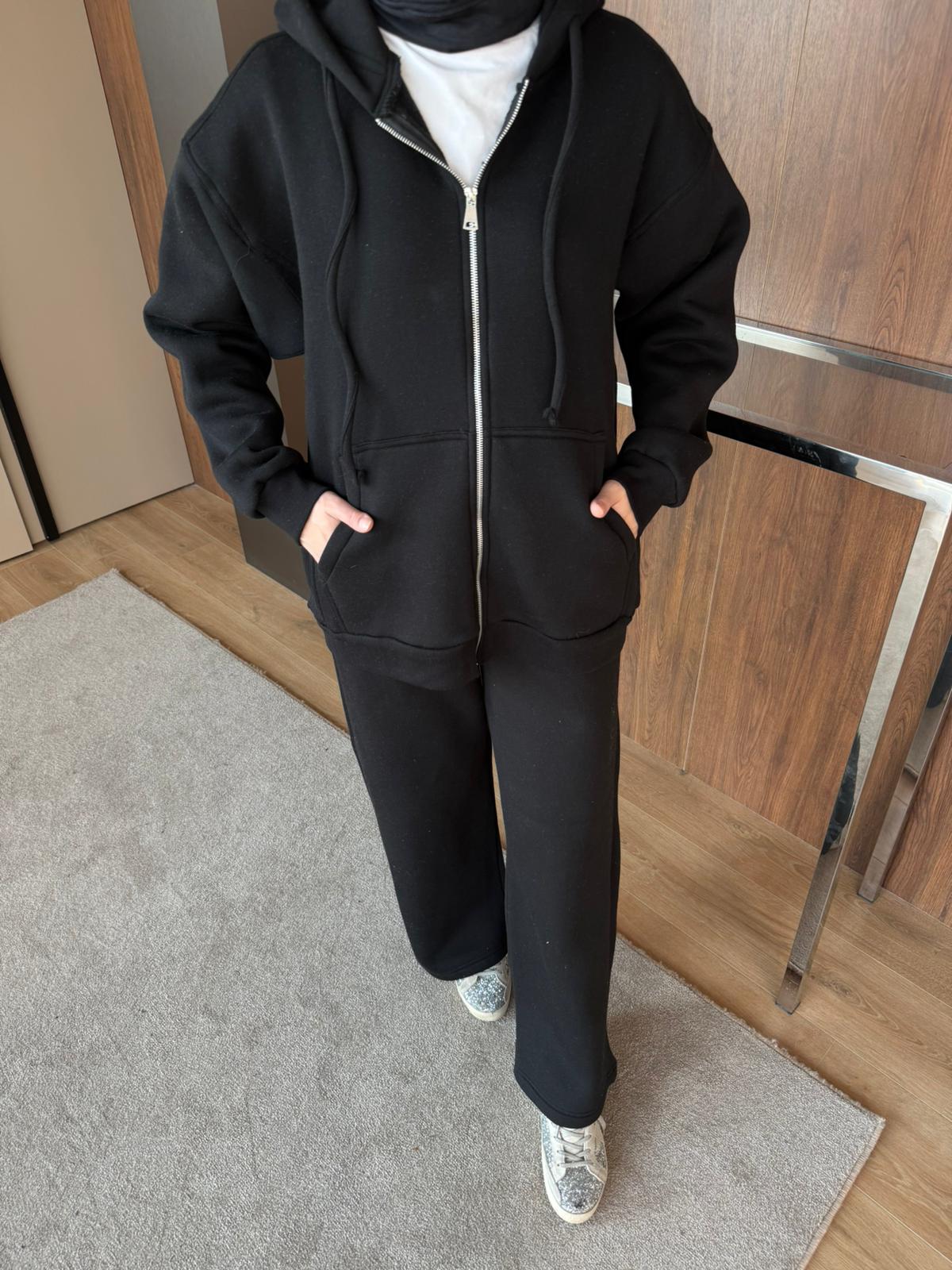 3 İPLİK ŞARDONLU FERMUARLI TAKIM - Siyah